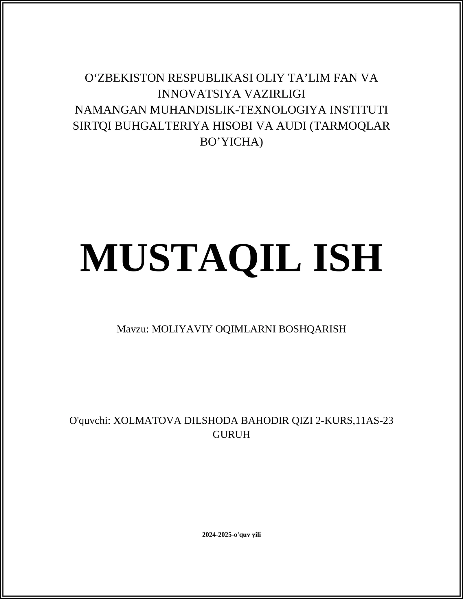 MOLIYAVIY OQIMLARNI BOSHQARISH