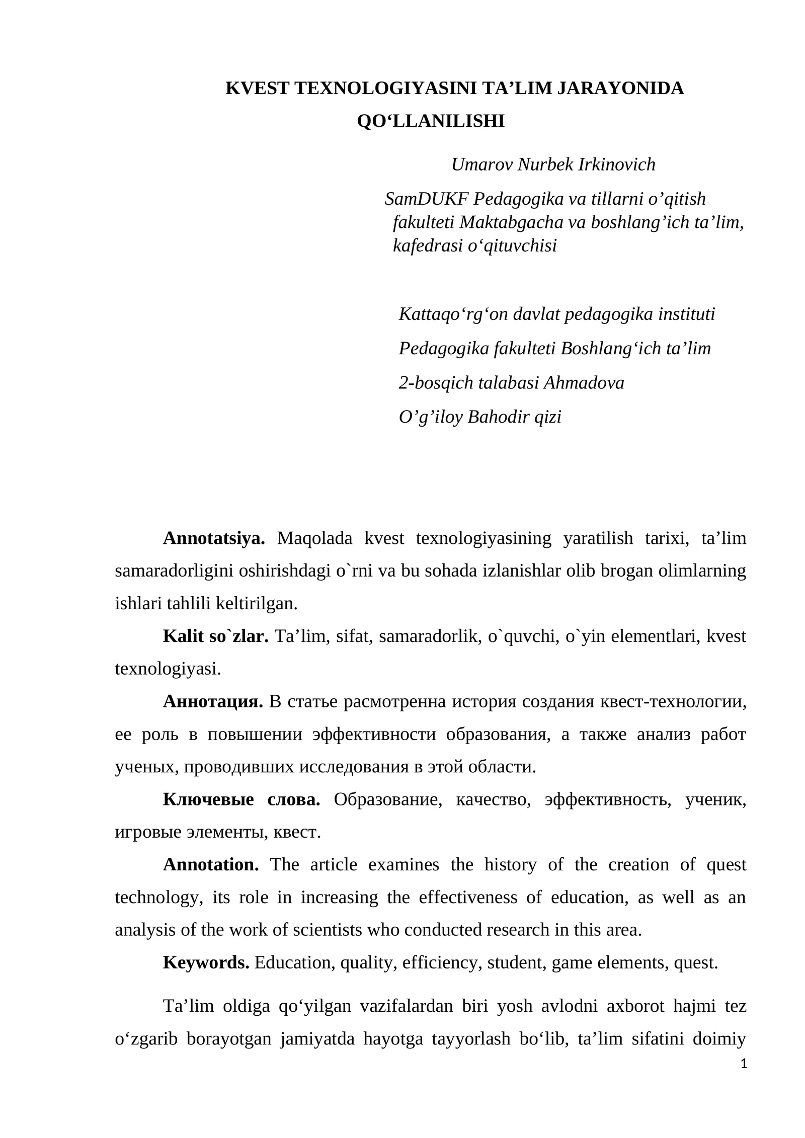 KVEST TEXNOLOGIYASINI TA’LIM JARAYONIDA QO‘LLANILISHI
