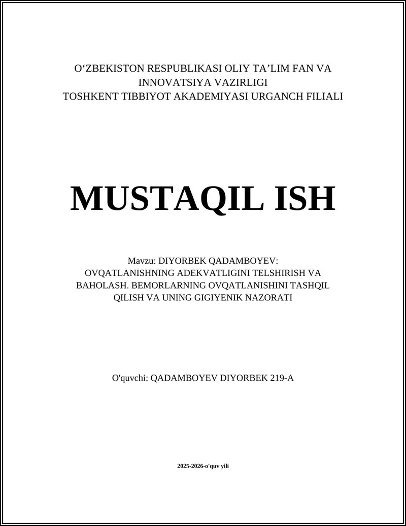 OVQATLANISHNING ADEKVATLIGINI TELSHIRISH VA BAHOLASH