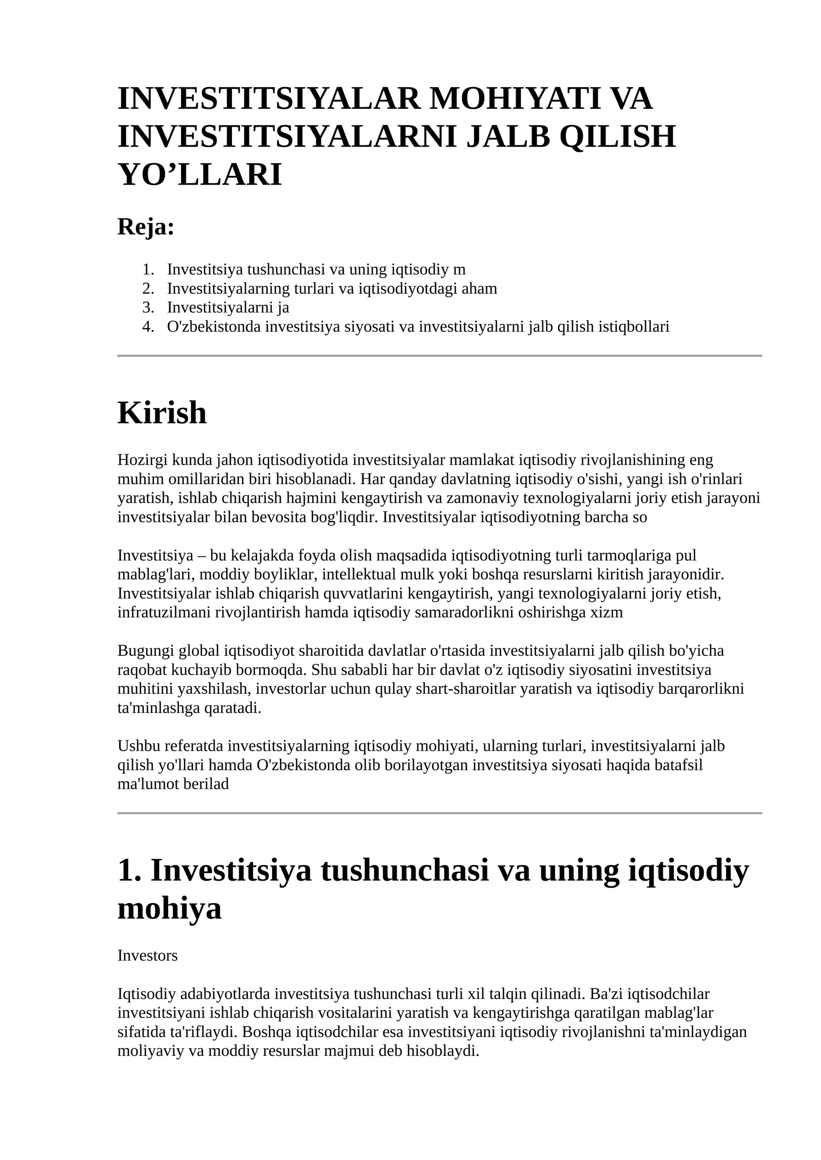 INVESTITSIYALAR MOHIYATI VA INVESTITSIYALARNI JALB QILISH YO’LLARI