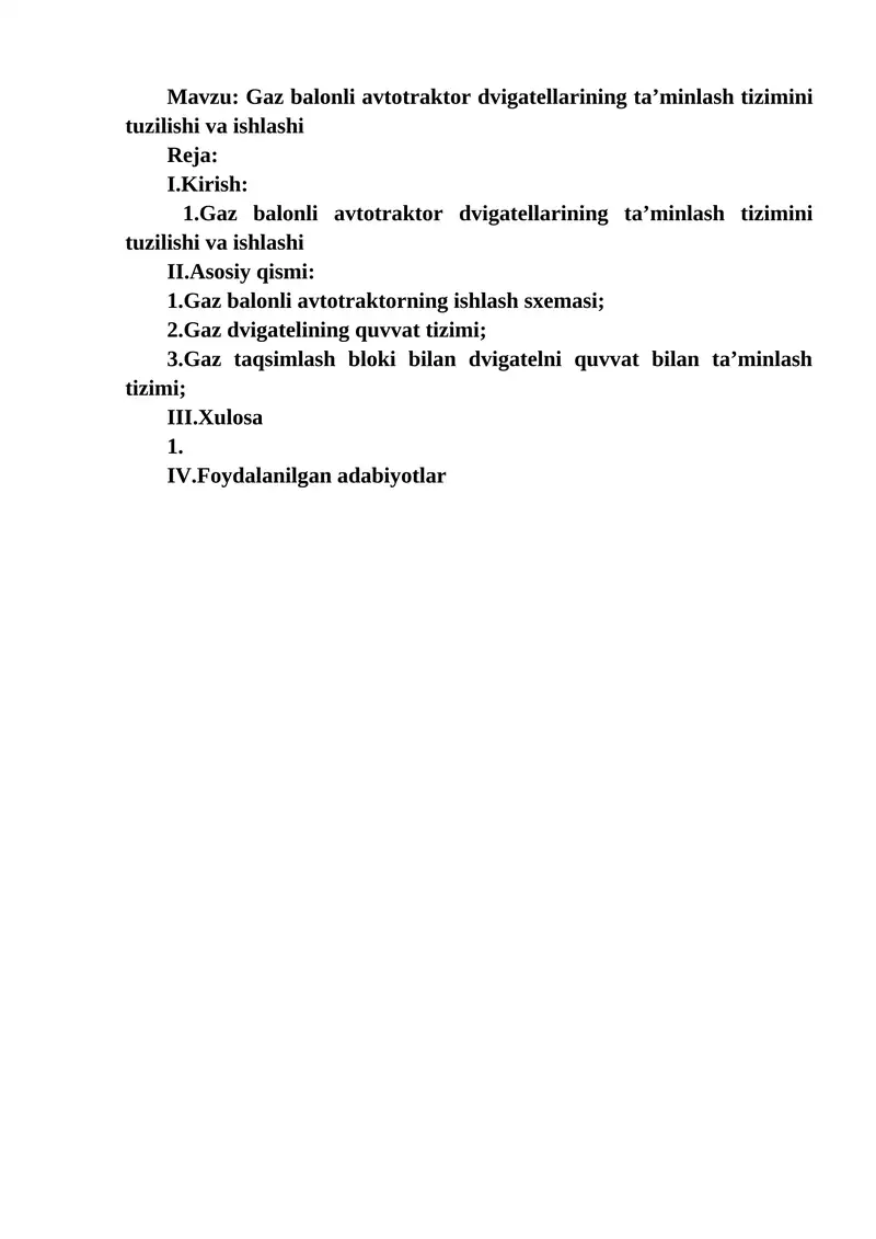 Gaz balonli avtotraktor dvigatellarining ta’minlash tizimini tuzilishi va ishlashi
