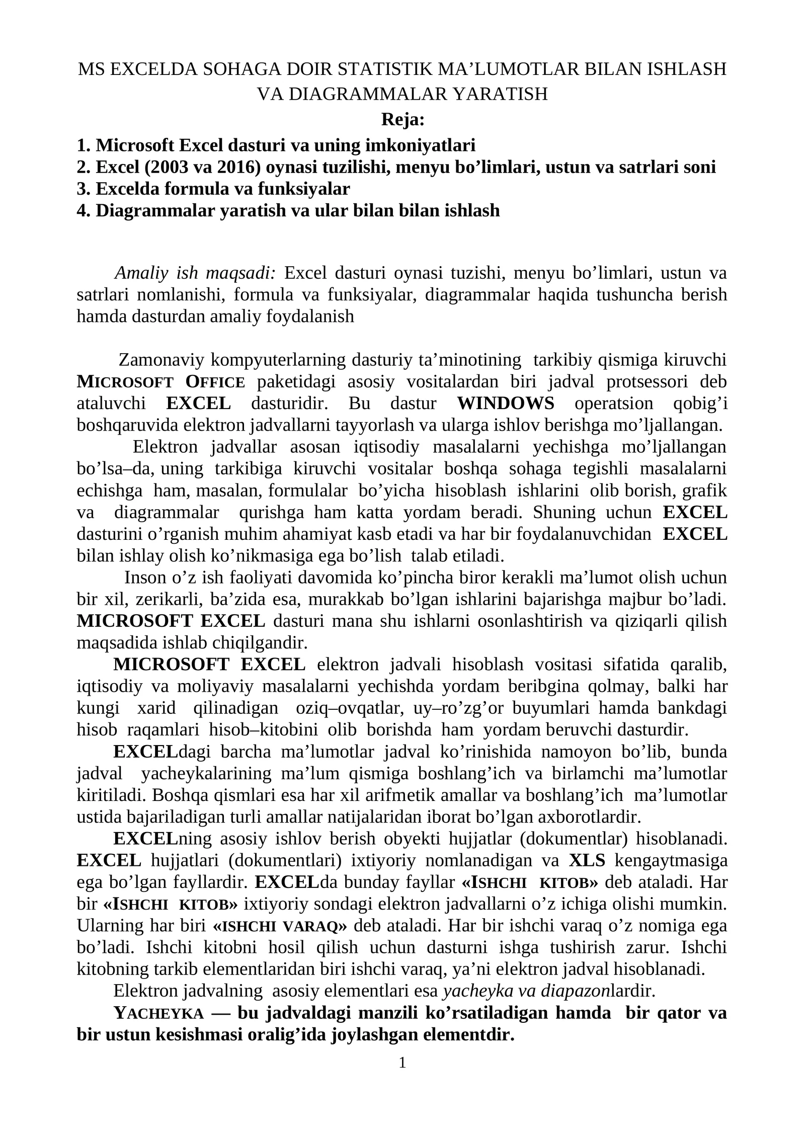 MS Excelda sohaga doir statistik ma’lumotlar bilan ishlash va diagrammalar yaratish