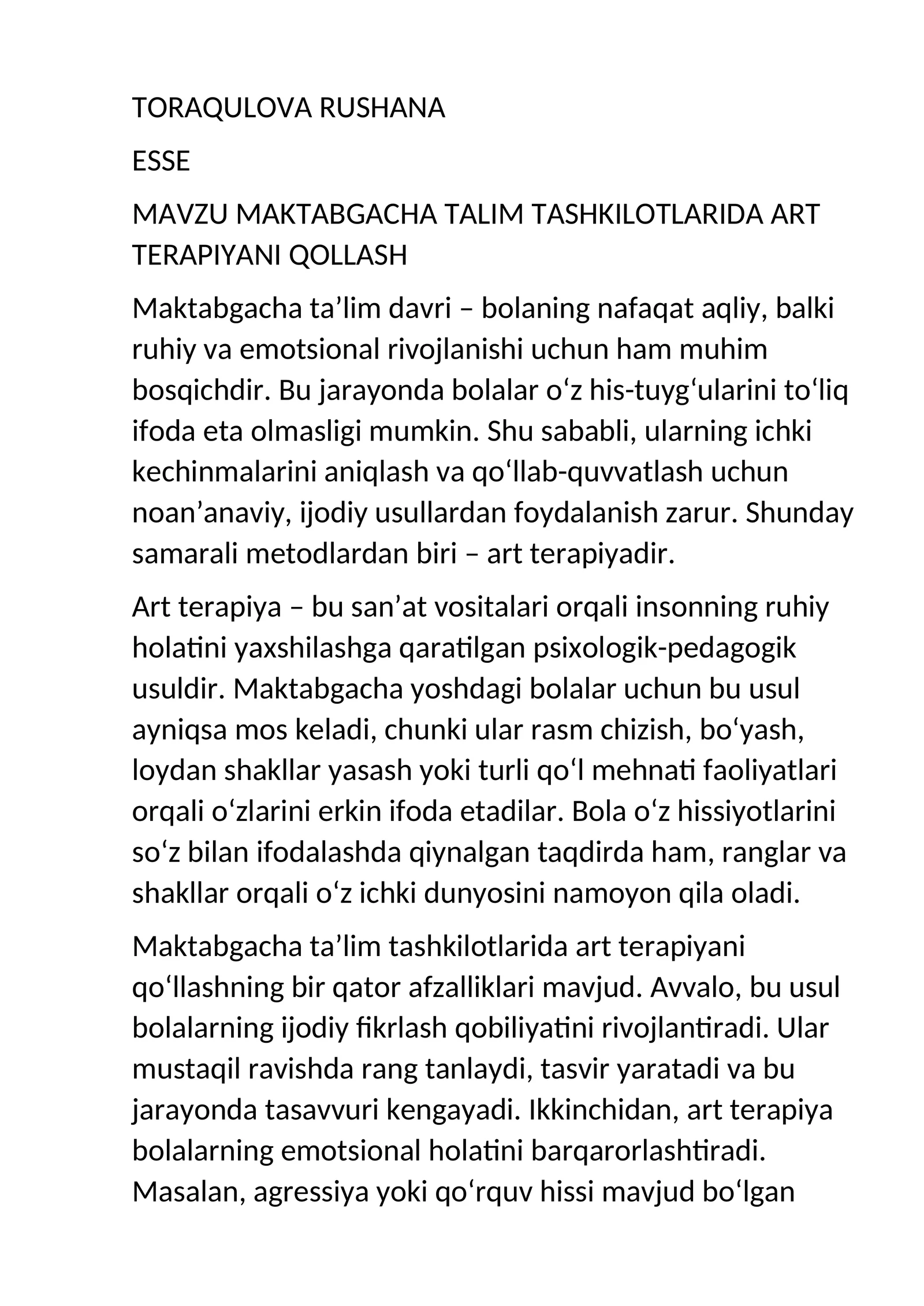 MAKTABGACHA TALIM TASHKILOTLARIDA ART TERAPIYANI QOLLASH