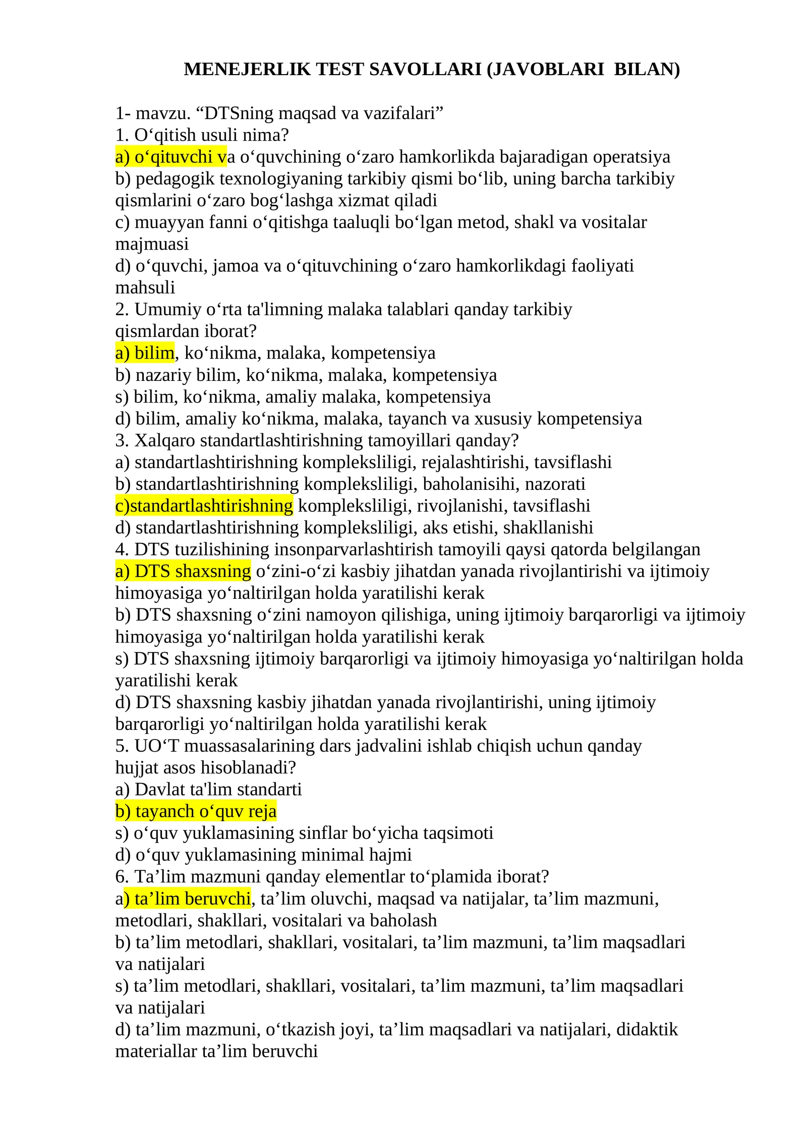 MENEJERLIK TEST SAVOLLARI (JAVOBLARI BILAN)