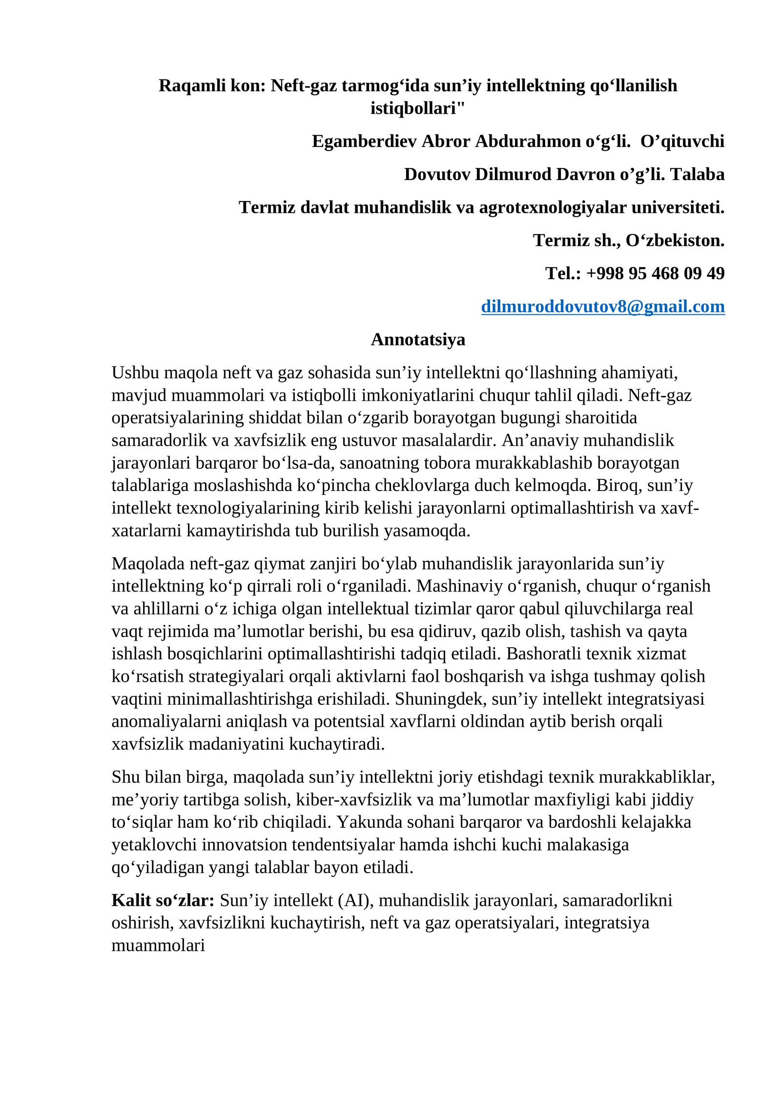 Neft-gaz tarmog‘ida sun’iy intellektning qo‘llanilish istiqbollari"