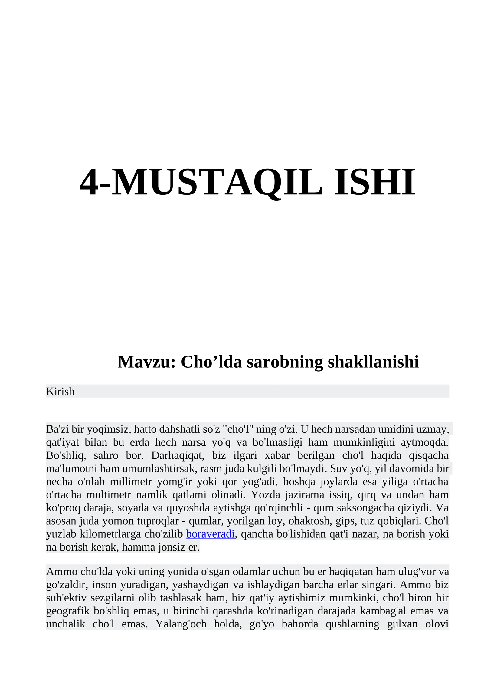 Cho’lda sarobning shakllanishi
