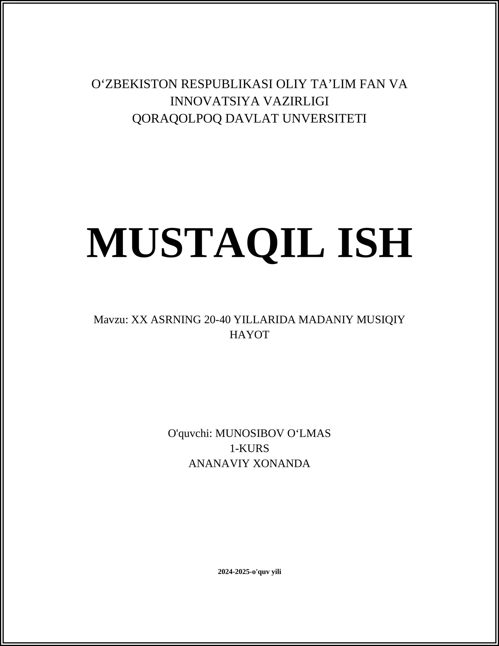 XX ASRNING 20-40 YILLARIDA MADANIY MUSIQIY HAYOT