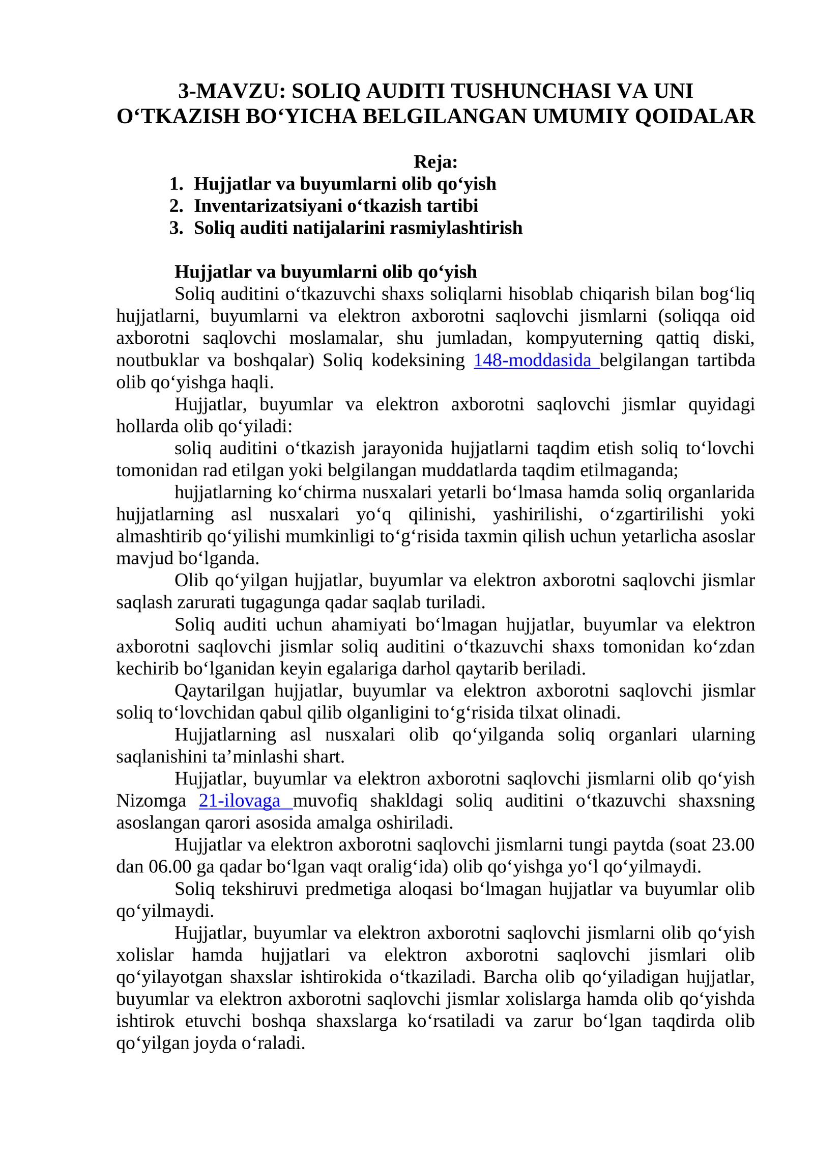 SOLIQ AUDITI TUSHUNCHASI VA UNI O‘TKAZISH BO‘YICHA BELGILANGAN UMUMIY QOIDALAR