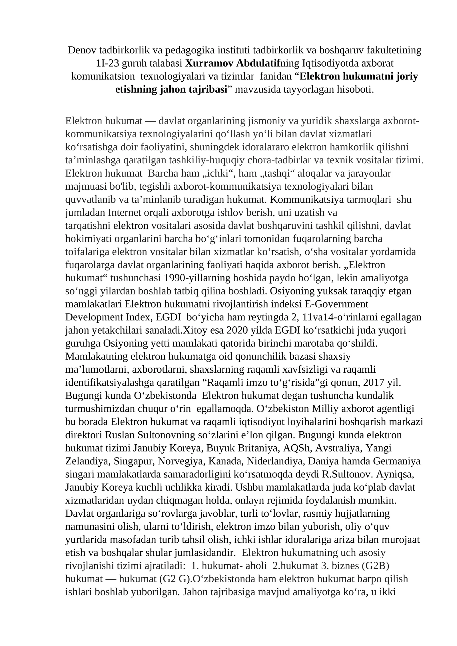 Elektron hukumatni joriy etishning jahon tajribasi