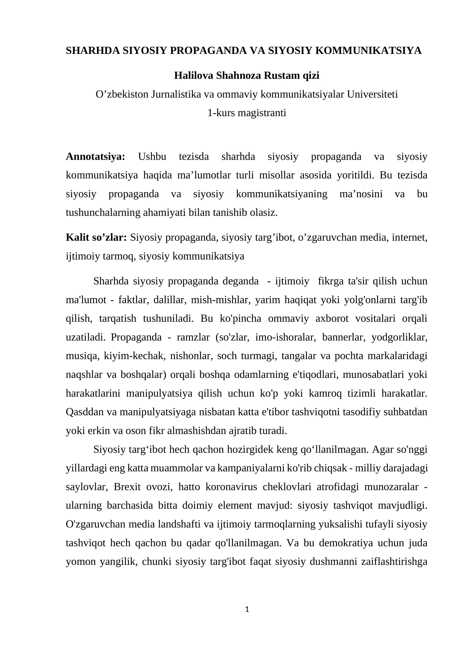 Sharhda siyosiy propaganda va siyosiy kommunikatsiya