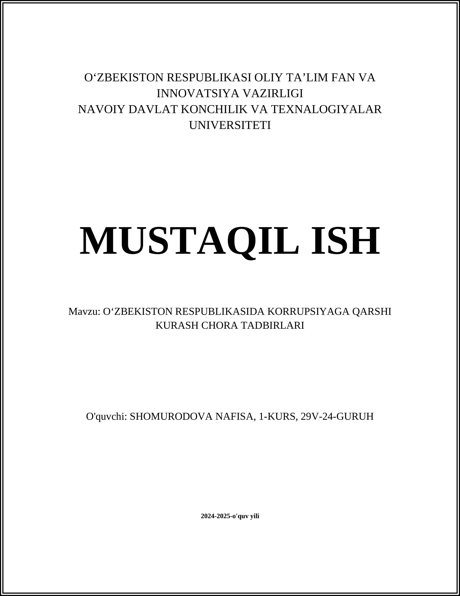 OʻZBEKISTON RESPUBLIKASIDA KORRUPSIYAGA QARSHI KURASH CHORA TADBIRLARI