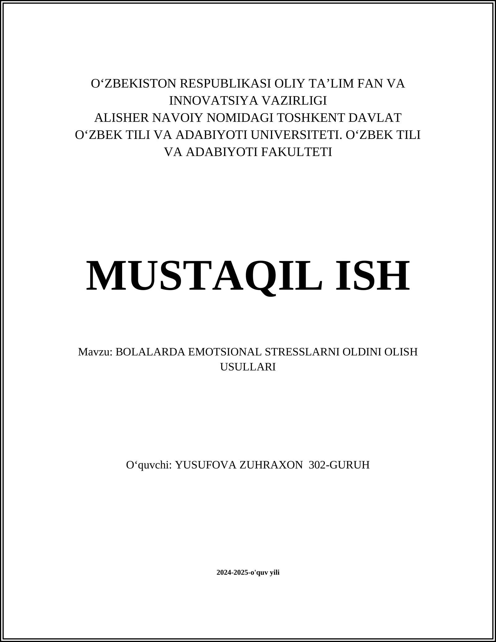 BOLALARDA EMOTSIONAL STRESSLARNI OLDINI OLISH USULLARI