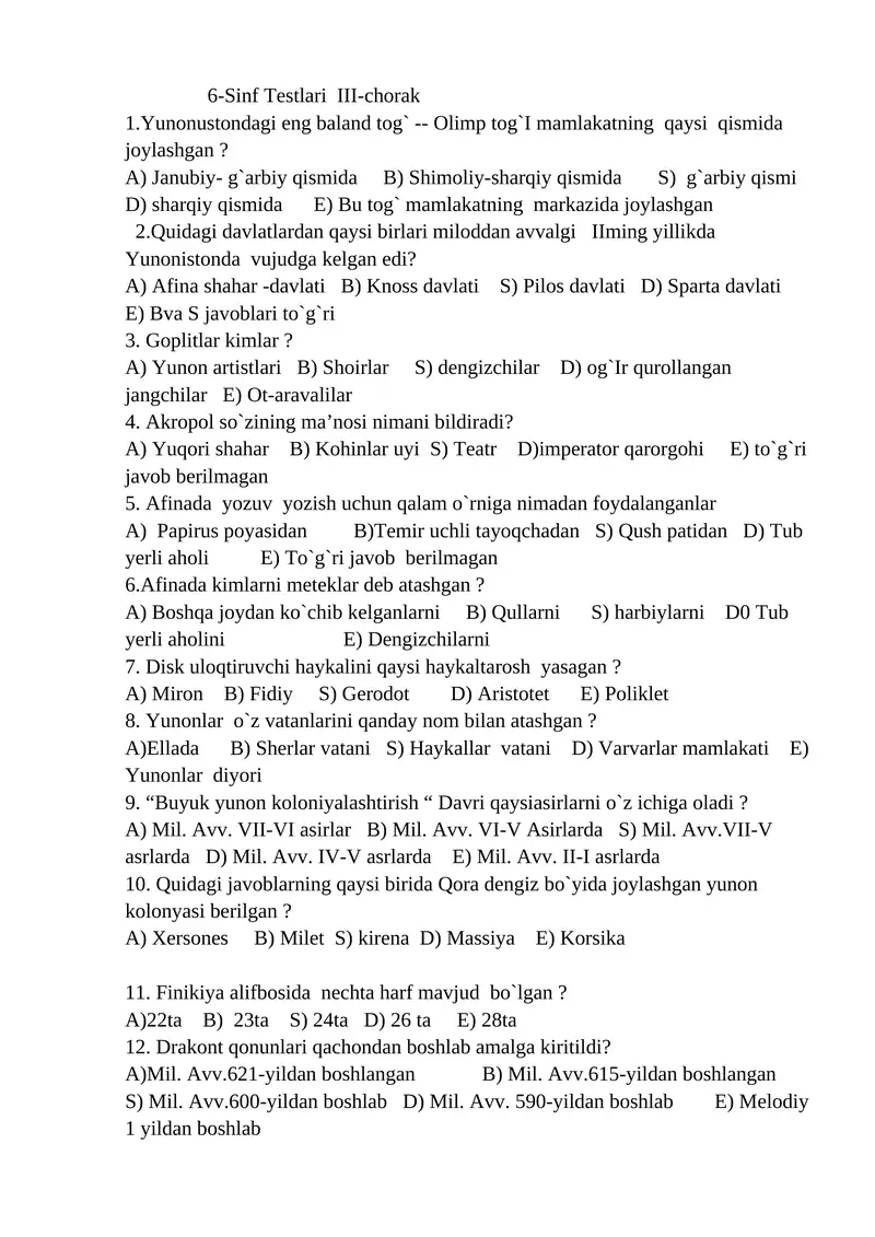 6-Sinf Testlari III-chorak