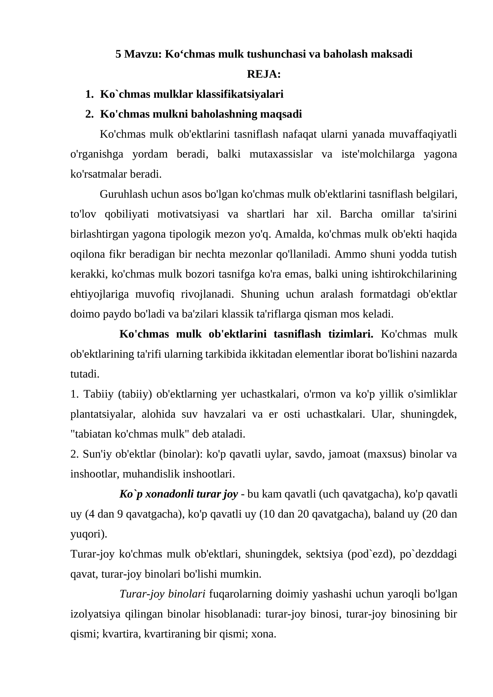 Ko‘chmas mulk tushunchasi va baholash maksadi