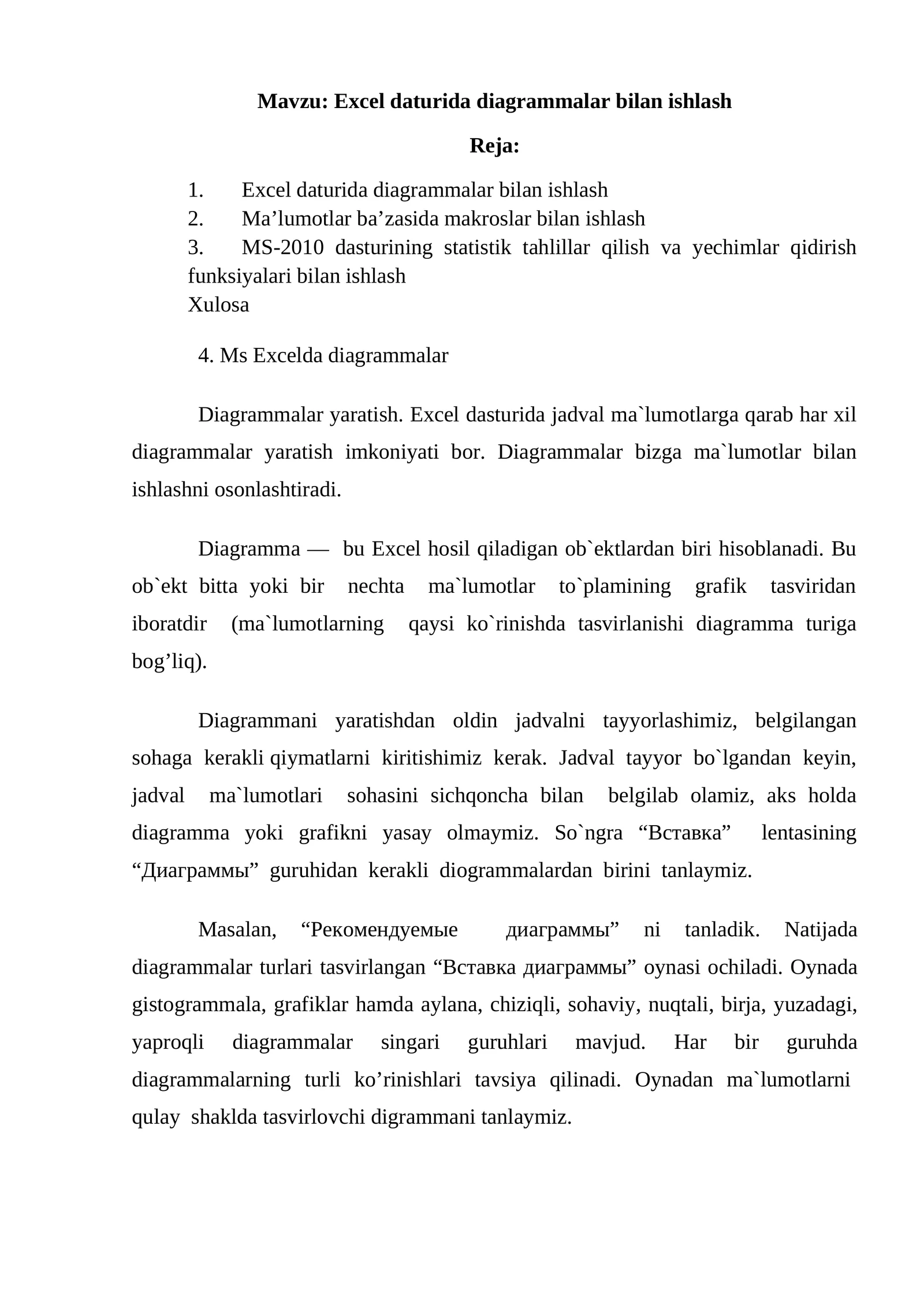 Excel daturida diagrammalar bilan ishlash