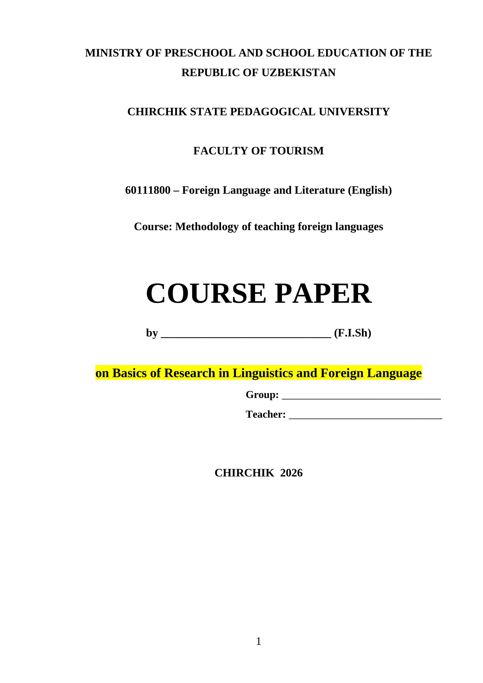 COURSE PAPER on Basics of Research in Linguistics and Foreign Language
