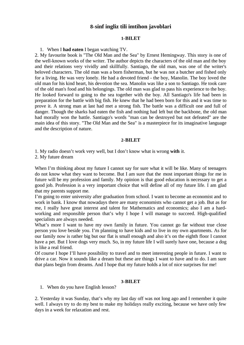8) sinf ingliz tili imtihon javoblari