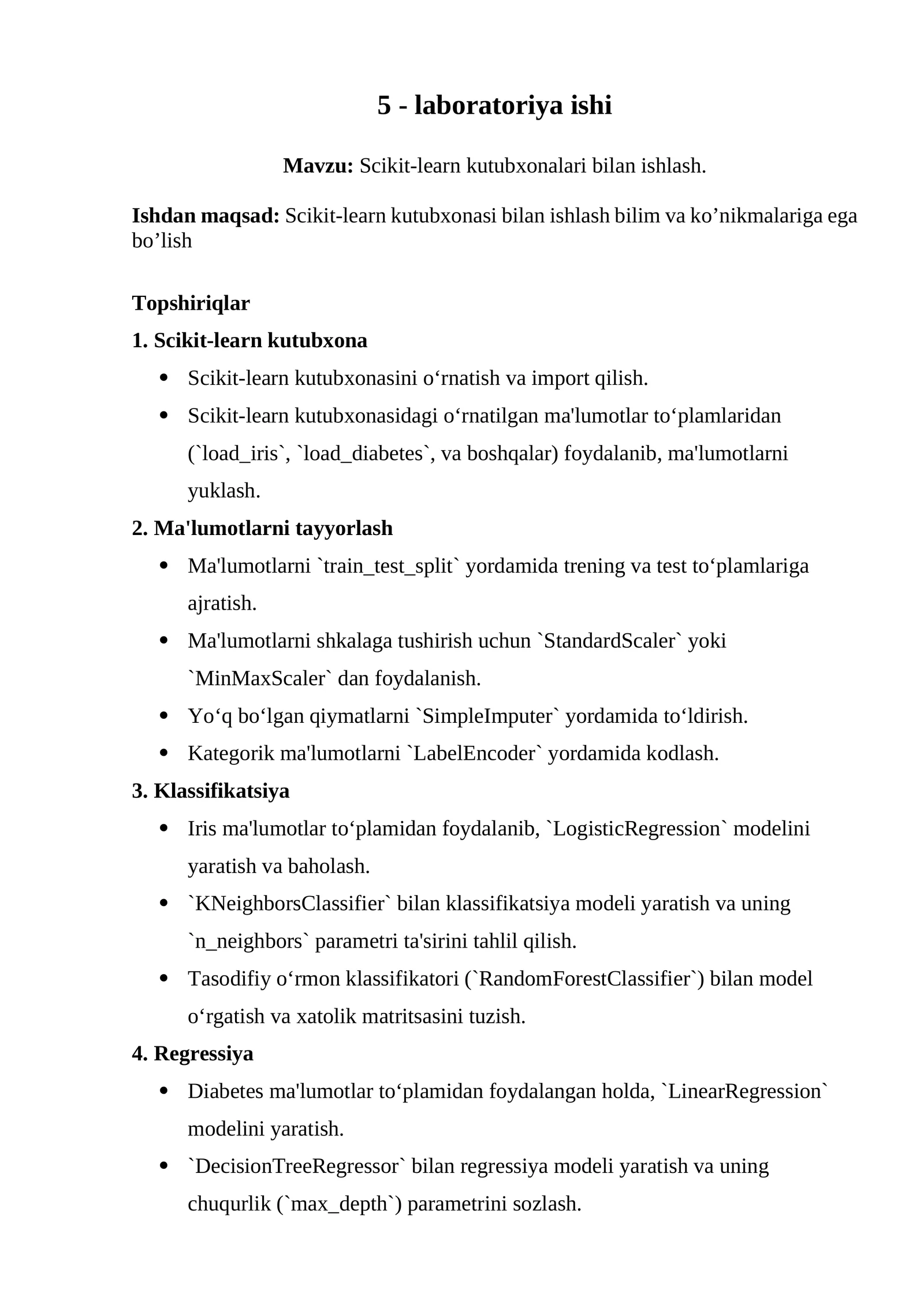 Scikit-learn kutubxonalari bilan ishlash