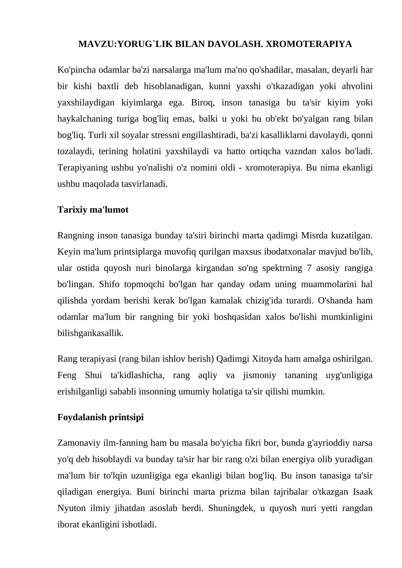 YORUG`LIK BILAN DAVOLASH. XROMOTERAPIYA