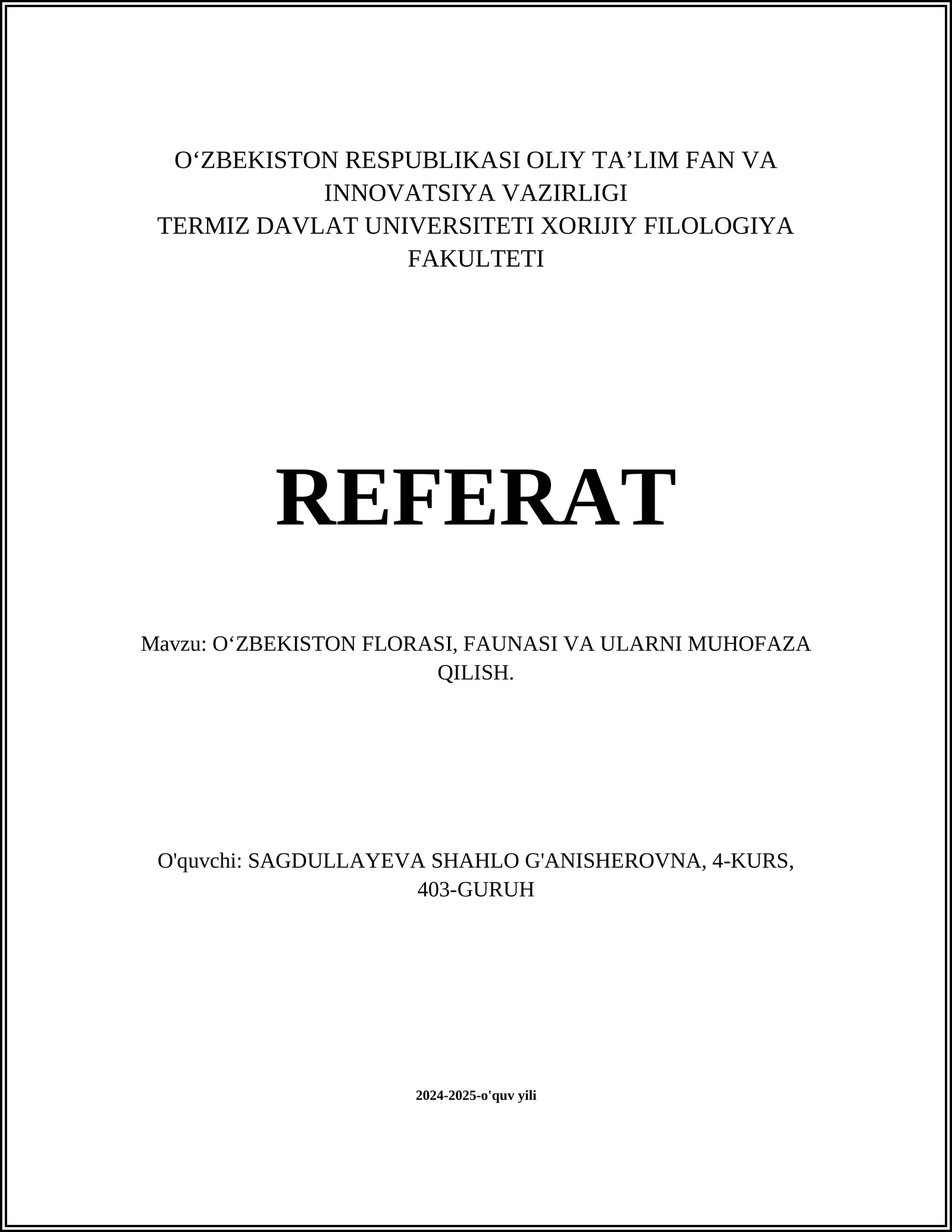 O‘ZBEKISTON FLORASI, FAUNASI VA ULARNI MUHOFAZA QILISH