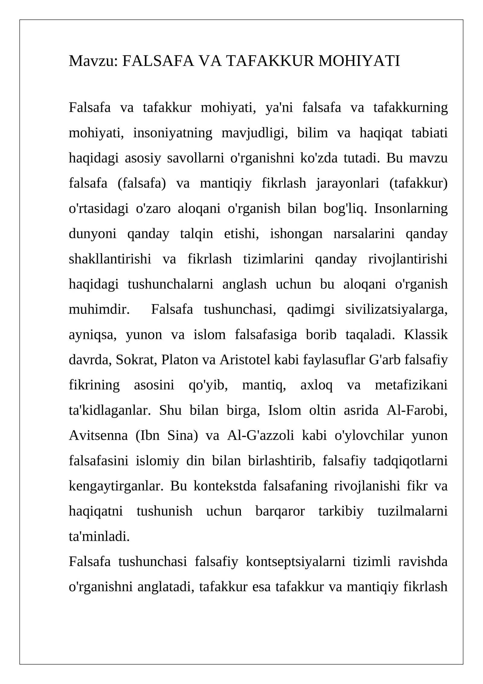 FALSAFA VA TAFAKKUR MOHIYATI