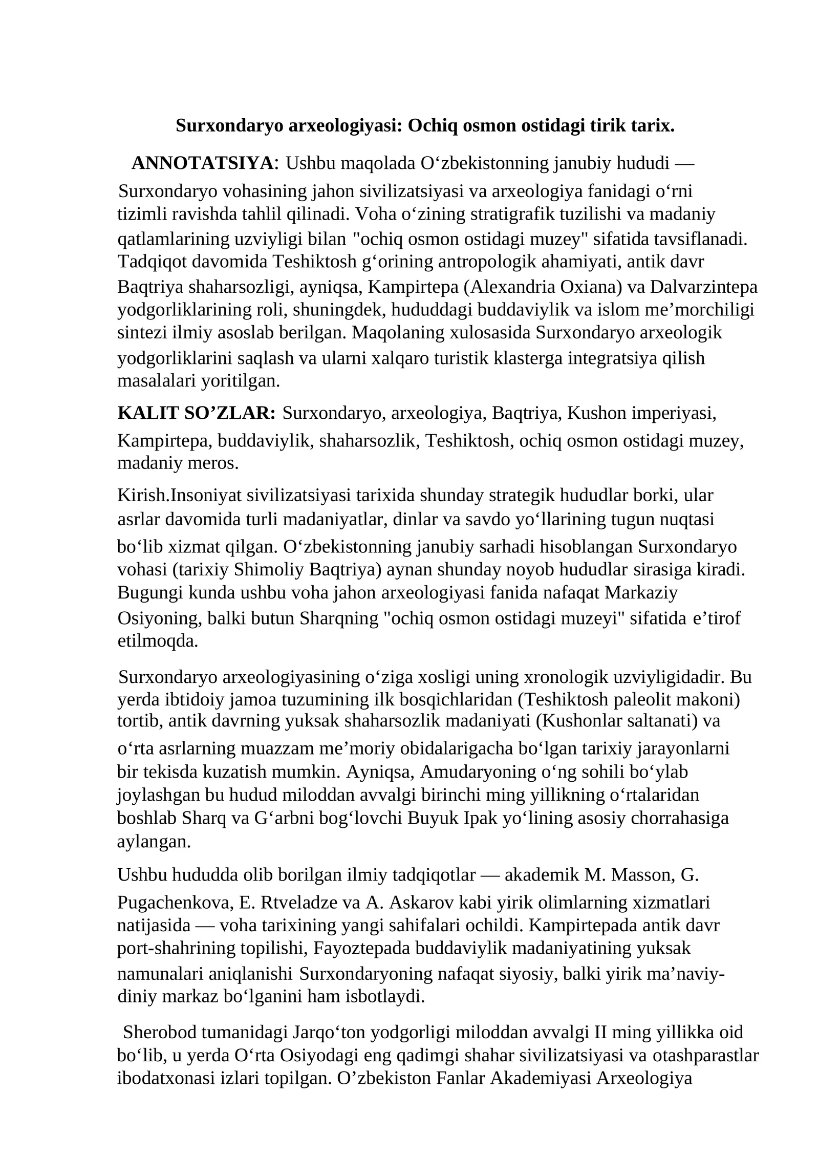 Surxondaryo arxeologiyasi: Ochiq osmon ostidagi tirik tarix