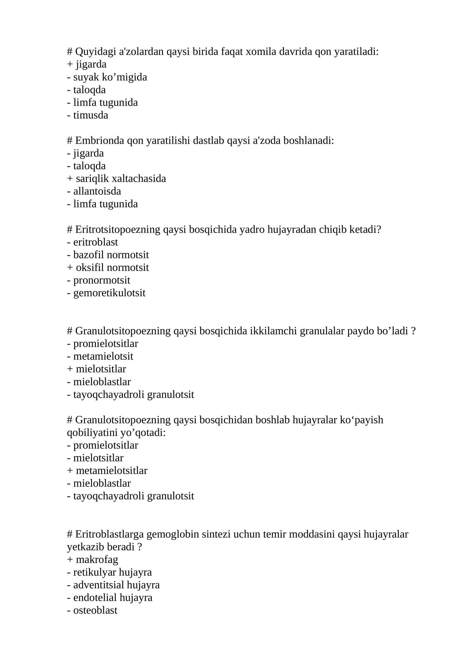 Eritrotsitopoez va granulotsitopoez jarayonlari