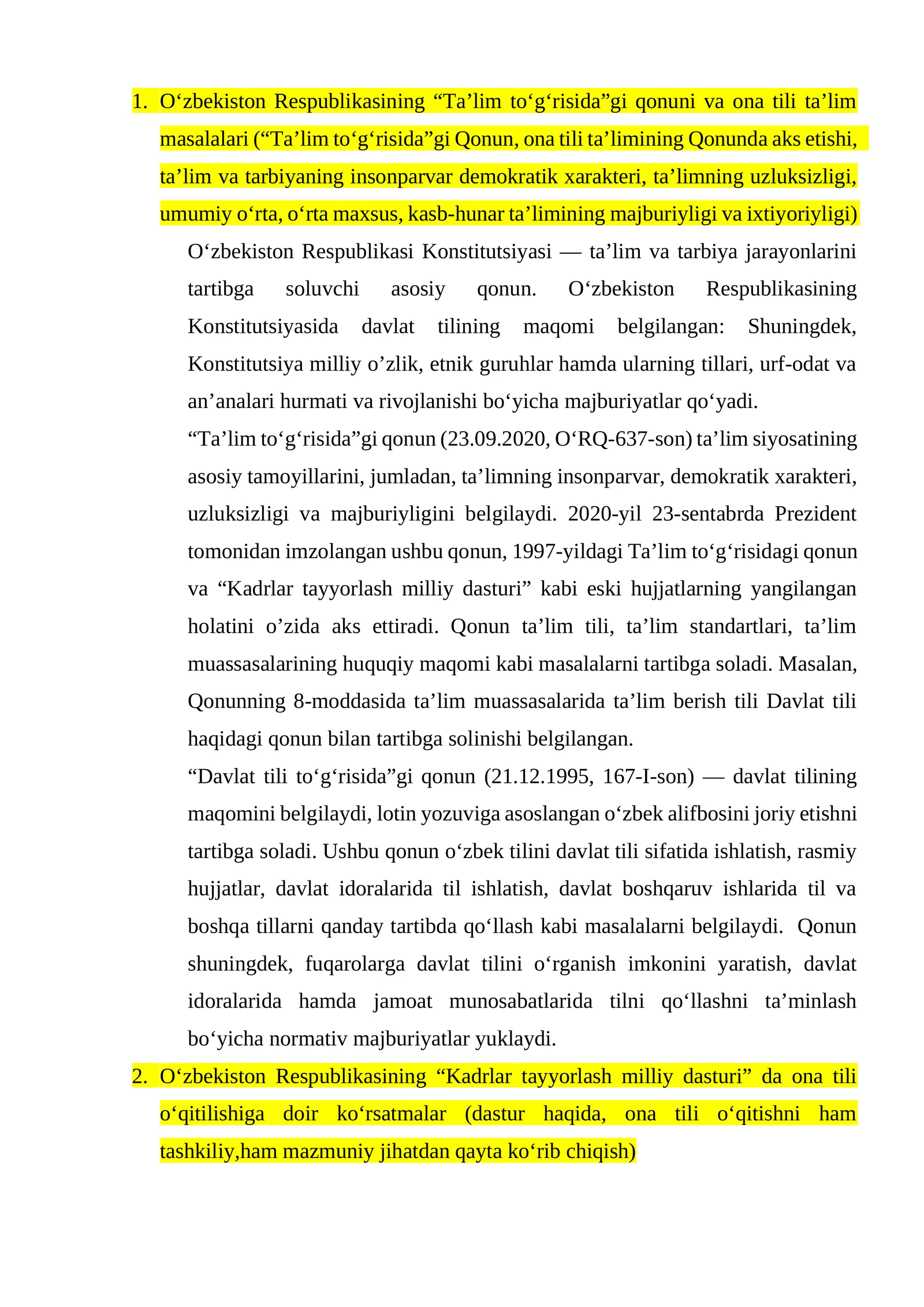 O‘zbekiston Respublikasining “Ta’lim to‘g‘risida”gi qonuni va ona tili ta’lim masalalari