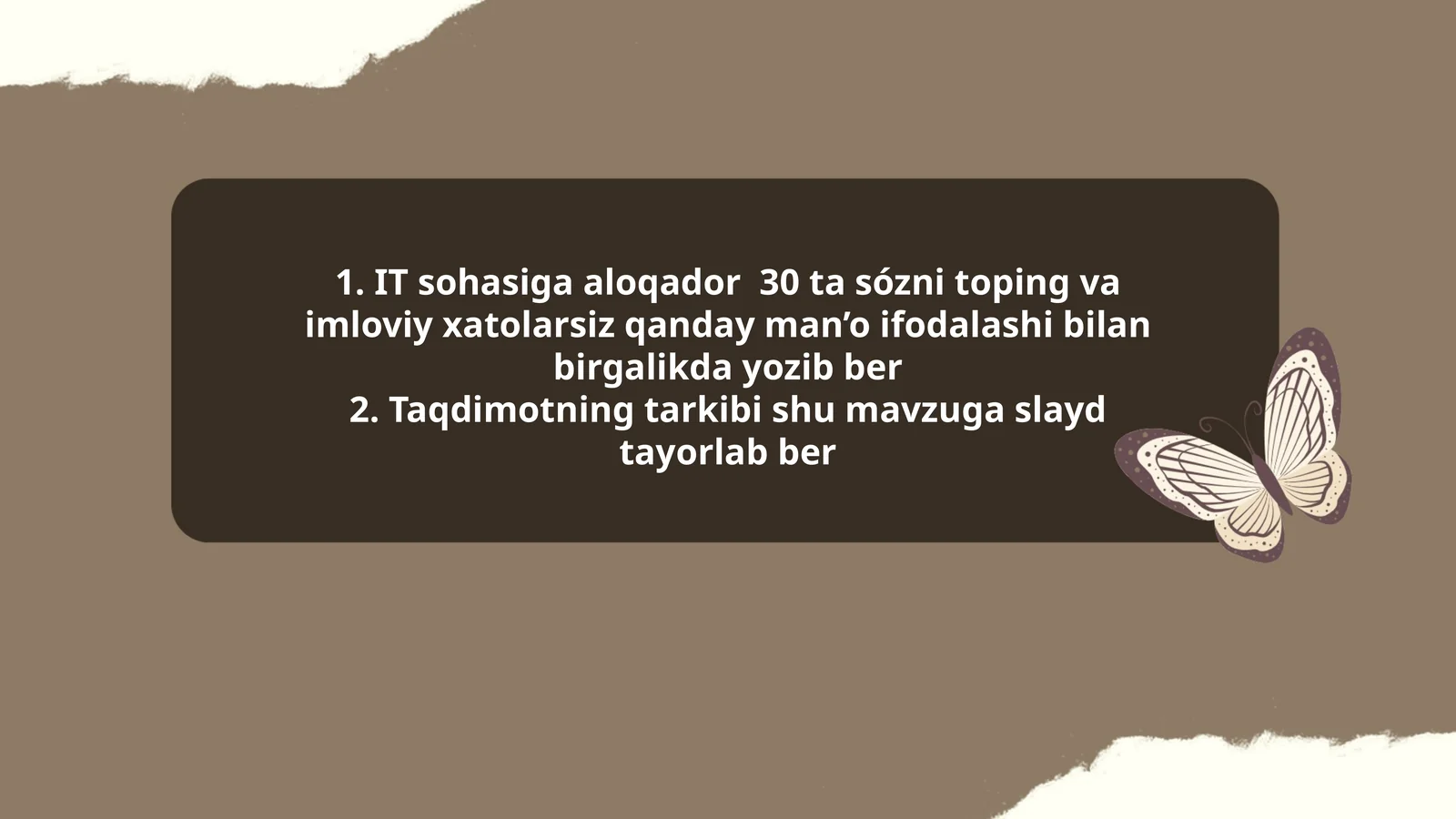 IT sohasiga aloqador 30 ta sózni toping va imloviy xatolarsiz qanday man’o ifodalashi bilan birgalikda yozib ber