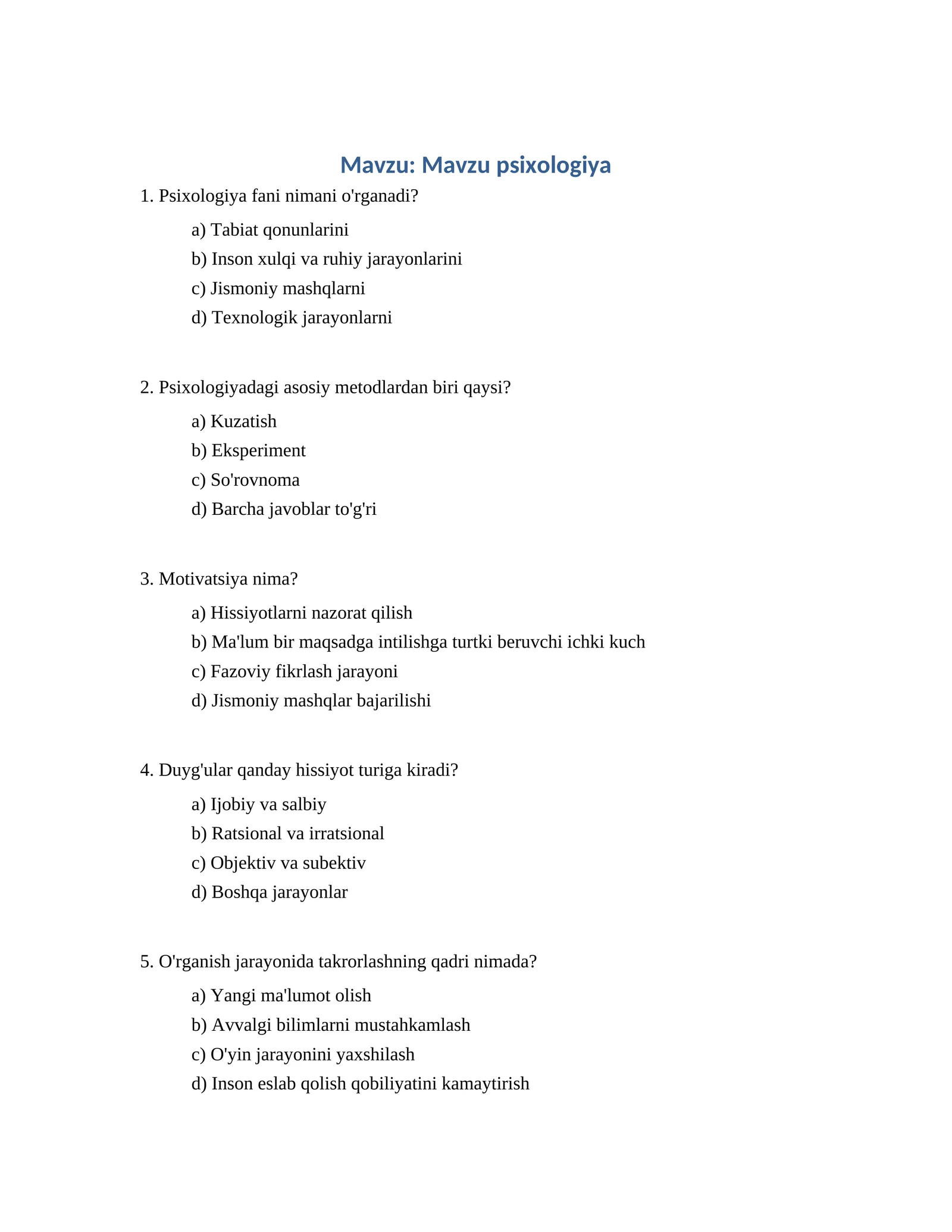 Psixologiya Test Savollari