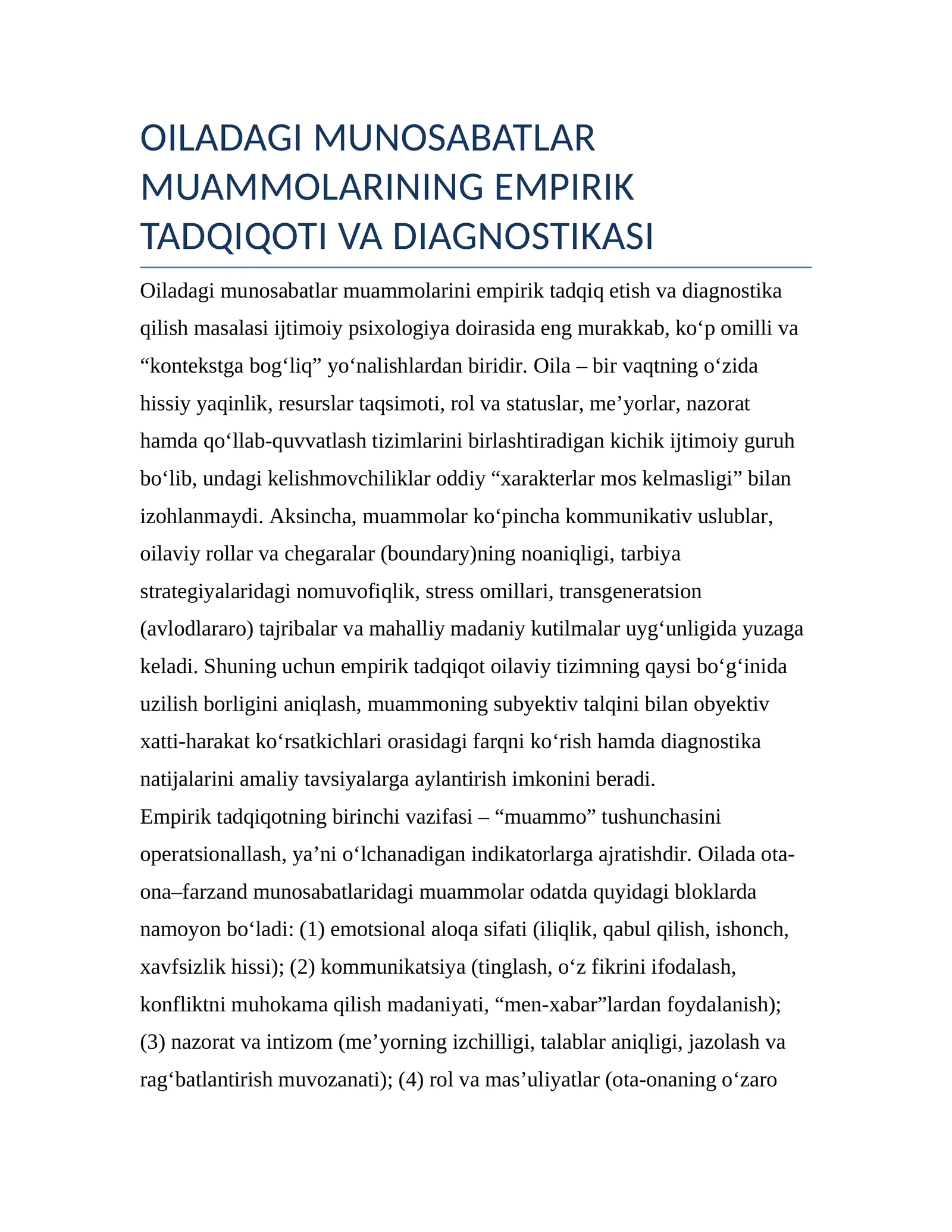 OILADAGI MUNOSABATLAR MUAMMOLARINING EMPIRIK TADQIQOTI VA DIAGNOSTIKASI