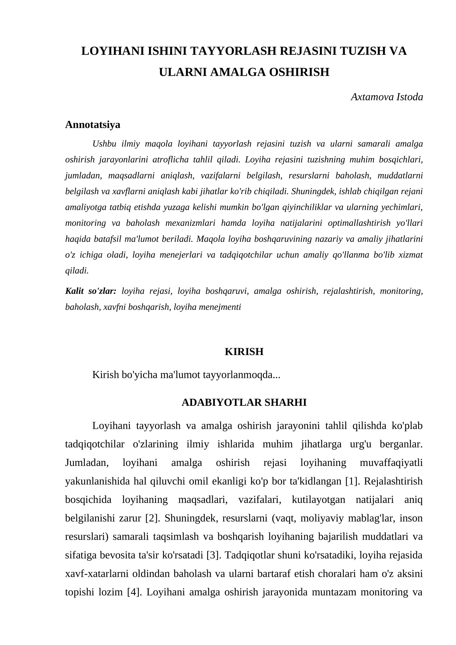 LOYIHANI ISHINI TAYYORLASH REJASINI TUZISH VA ULARNI AMALGA OSHIRISH