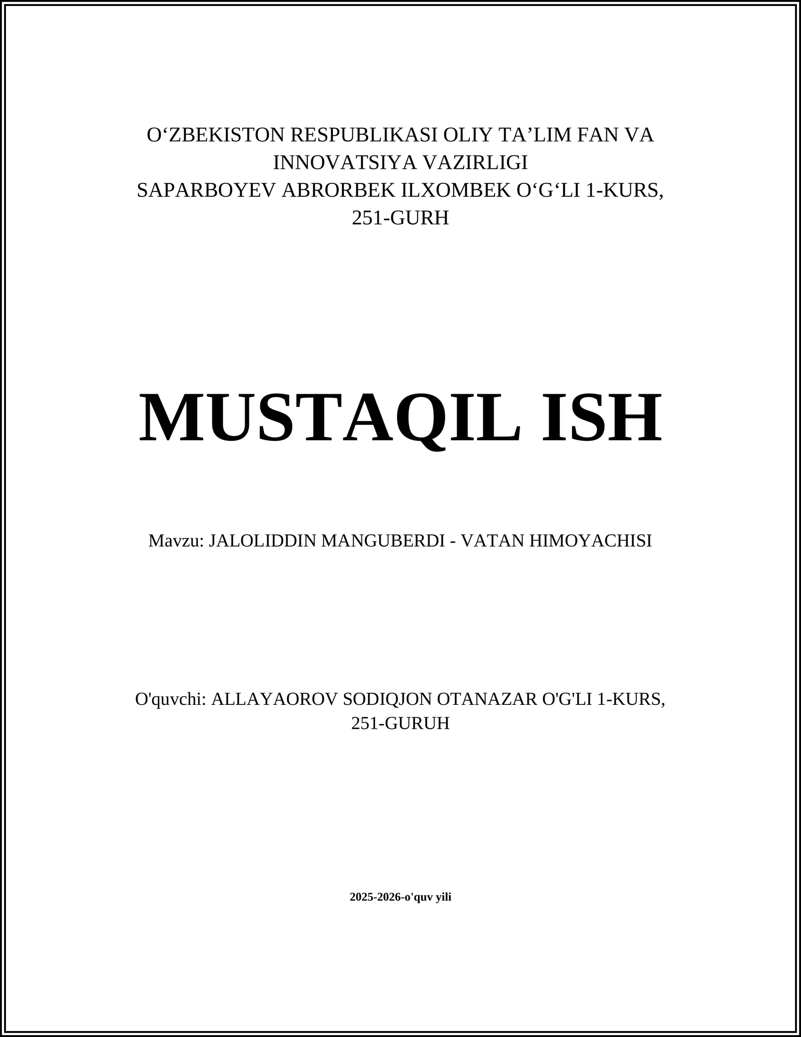 JALOLIDDIN MANGUBERDI - VATAN HIMOYACHISI