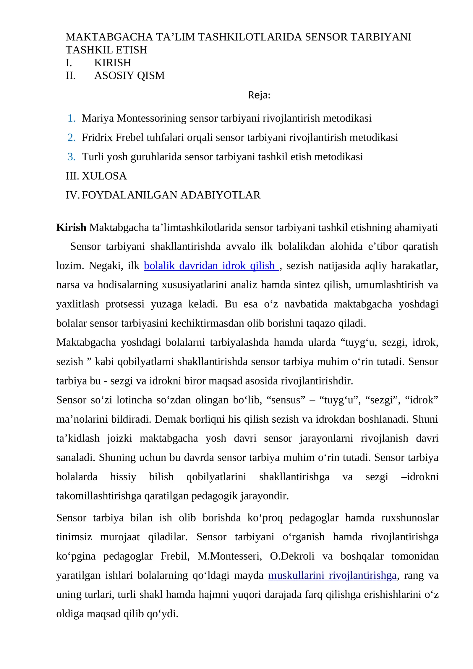 MAKTABGACHA TA’LIM TASHKILOTLARIDA SENSOR TARBIYANI TASHKIL ETISH