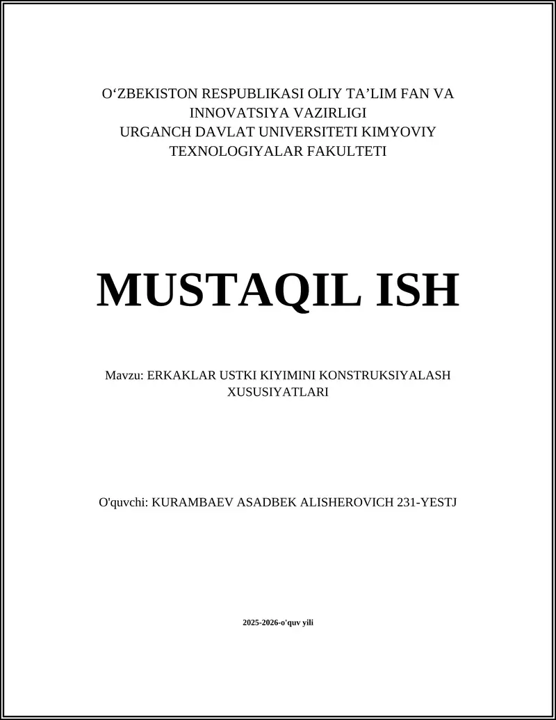 ERKAKLAR USTKI KIYIMINI KONSTRUKSIYALASH XUSUSIYATLARI