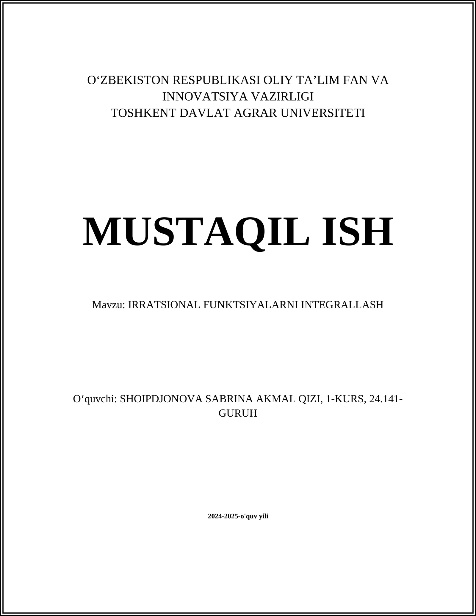 IRRATSIONAL FUNKTSIYALARNI INTEGRALLASH