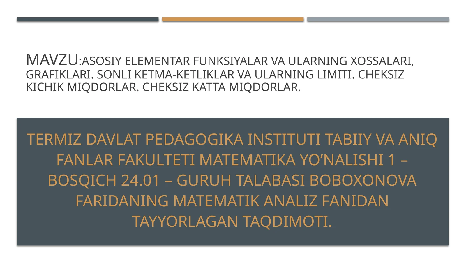 Asosiy elementar funksiyalar va ularning xossalari, grafiklari. Sonli ketma-ketliklar va ularning limiti. cheksiz kichik miqdorlar. Cheksiz katta miqdorlar.
