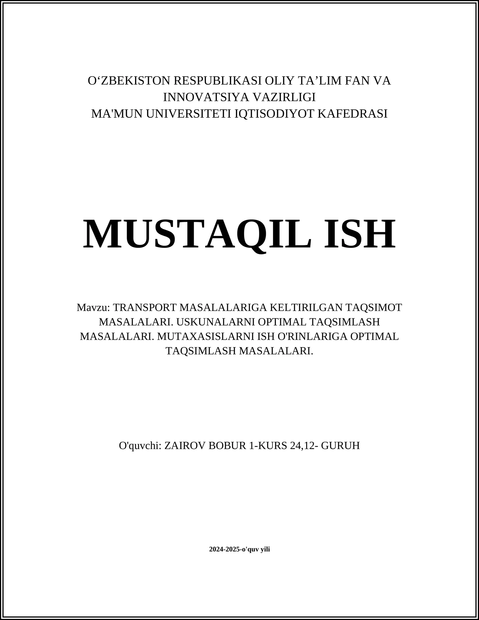 TRANSPORT MASALALARIGA KELTIRILGAN TAQSIMOT MASALALARI