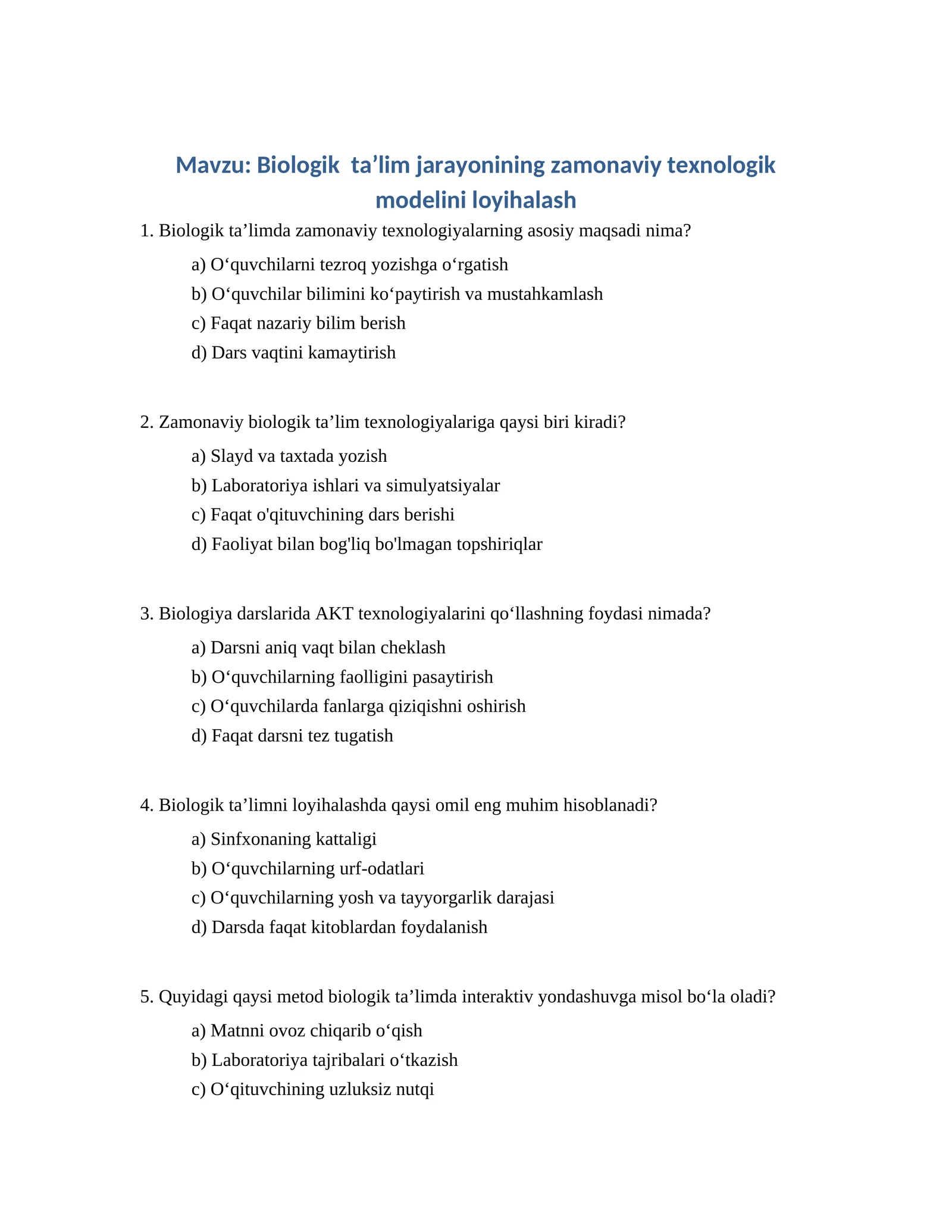 Biologik taʼlim jarayonining zamonaviy texnologik modelini loyihalash
