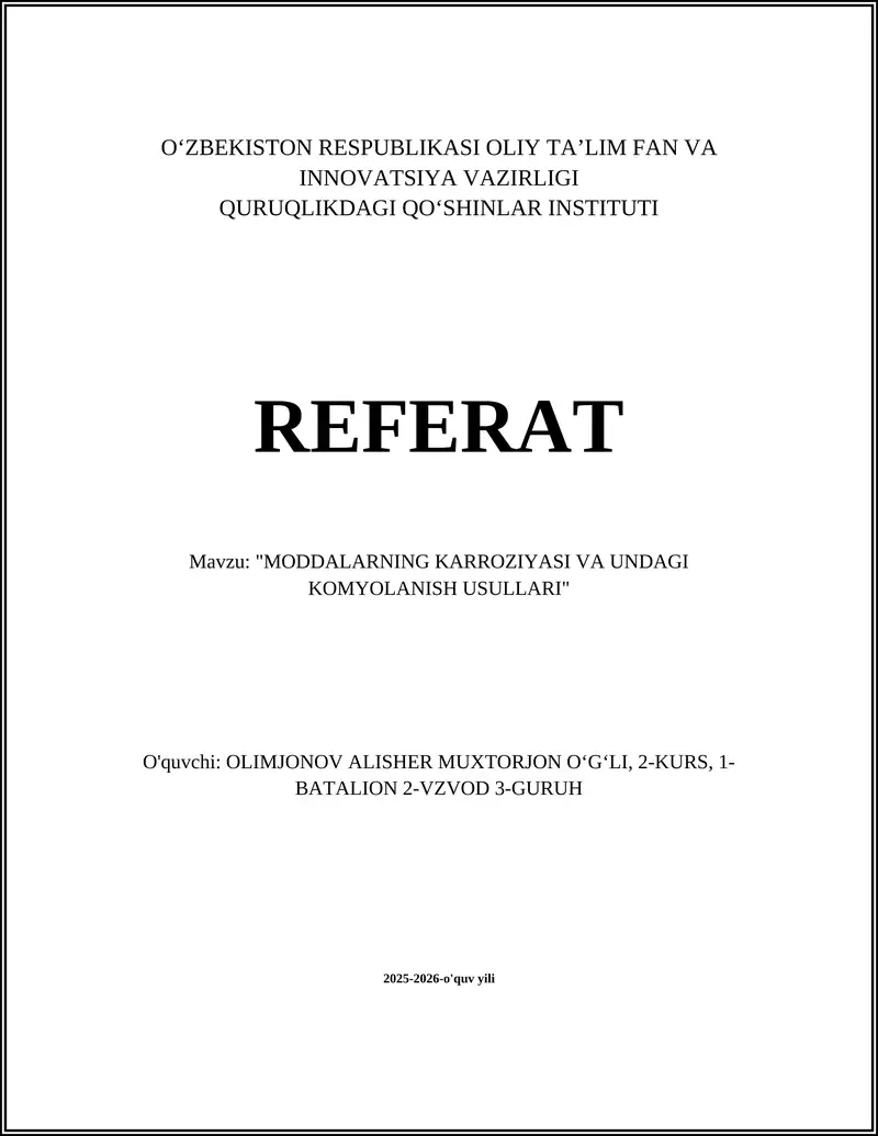 "MODDALARNING KARROZIYASI VA UNDAGI KOMYOLANISH USULLARI"