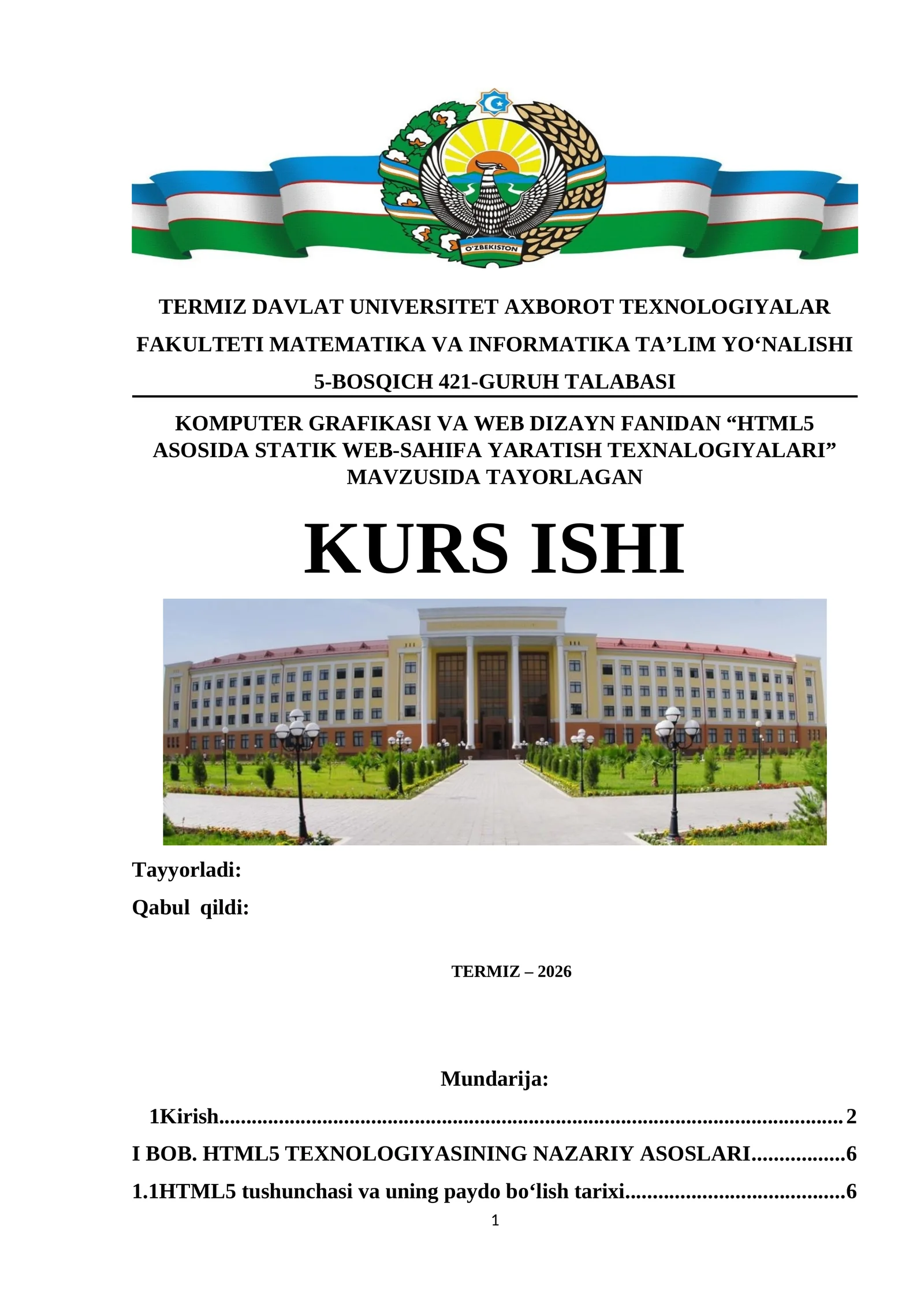 HTML5 ASOSIDA STATIK WEB-SAHIFA YARATISH TEXNALOGIYALARI