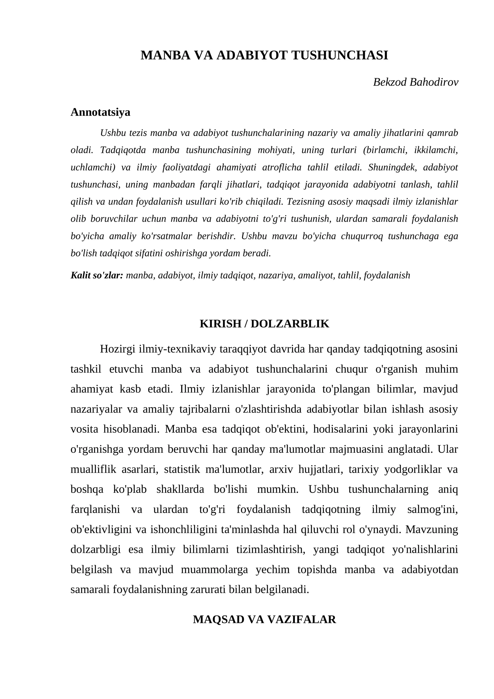 MANBA VA ADABIYOT TUSHUNCHASI