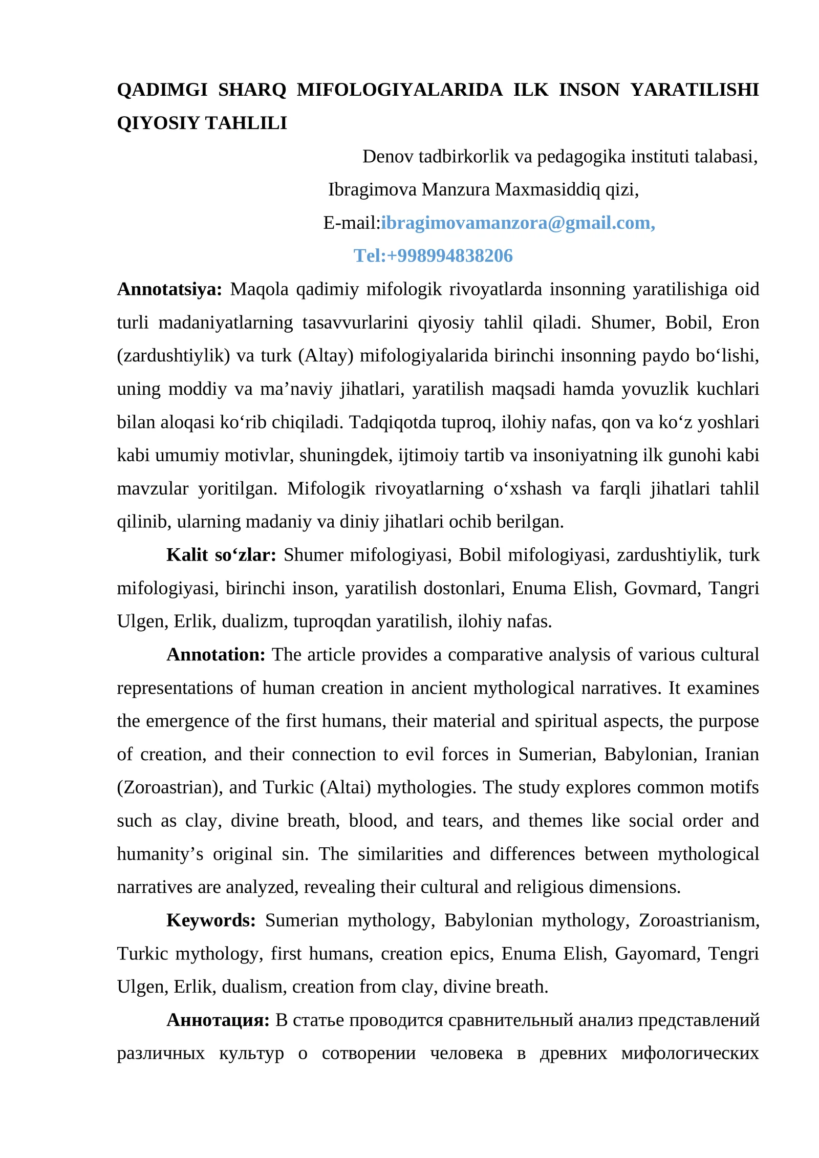QADIMGI SHARQ MIFOLOGIYALARIDA ILK INSON YARATILISHI QIYOSIY TAHLILI
