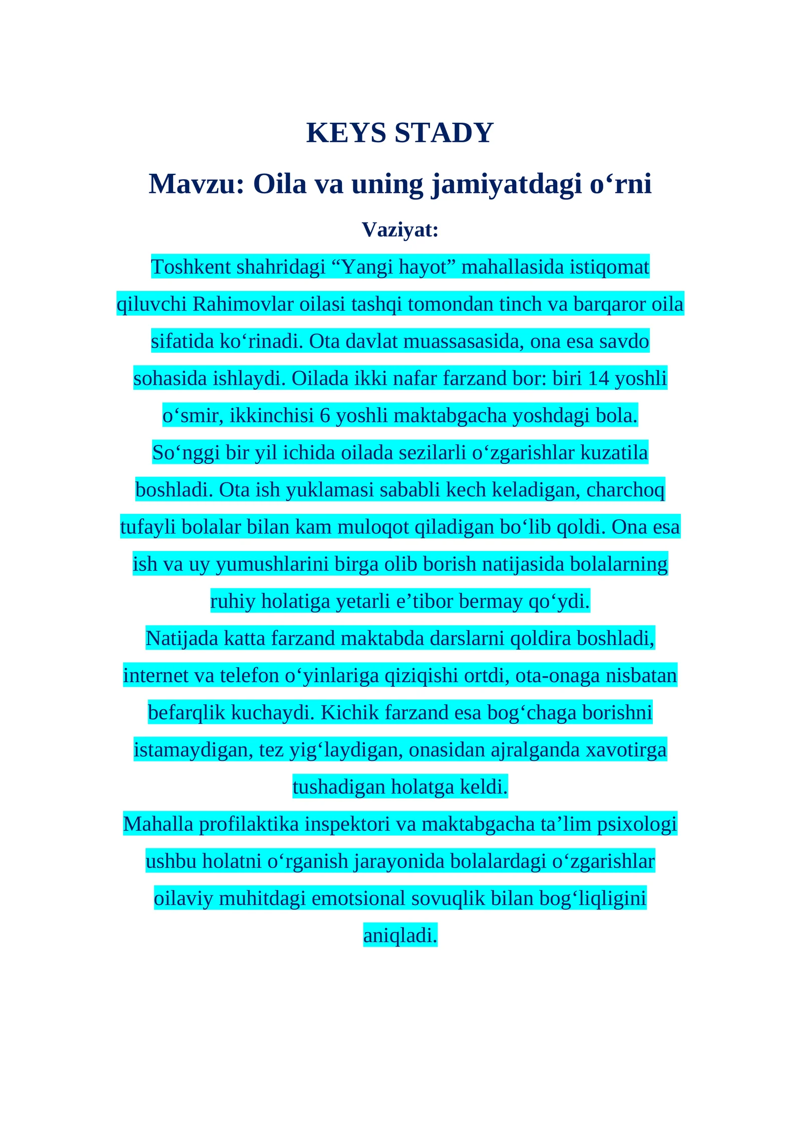 Oila va uning jamiyatdagi o‘rni