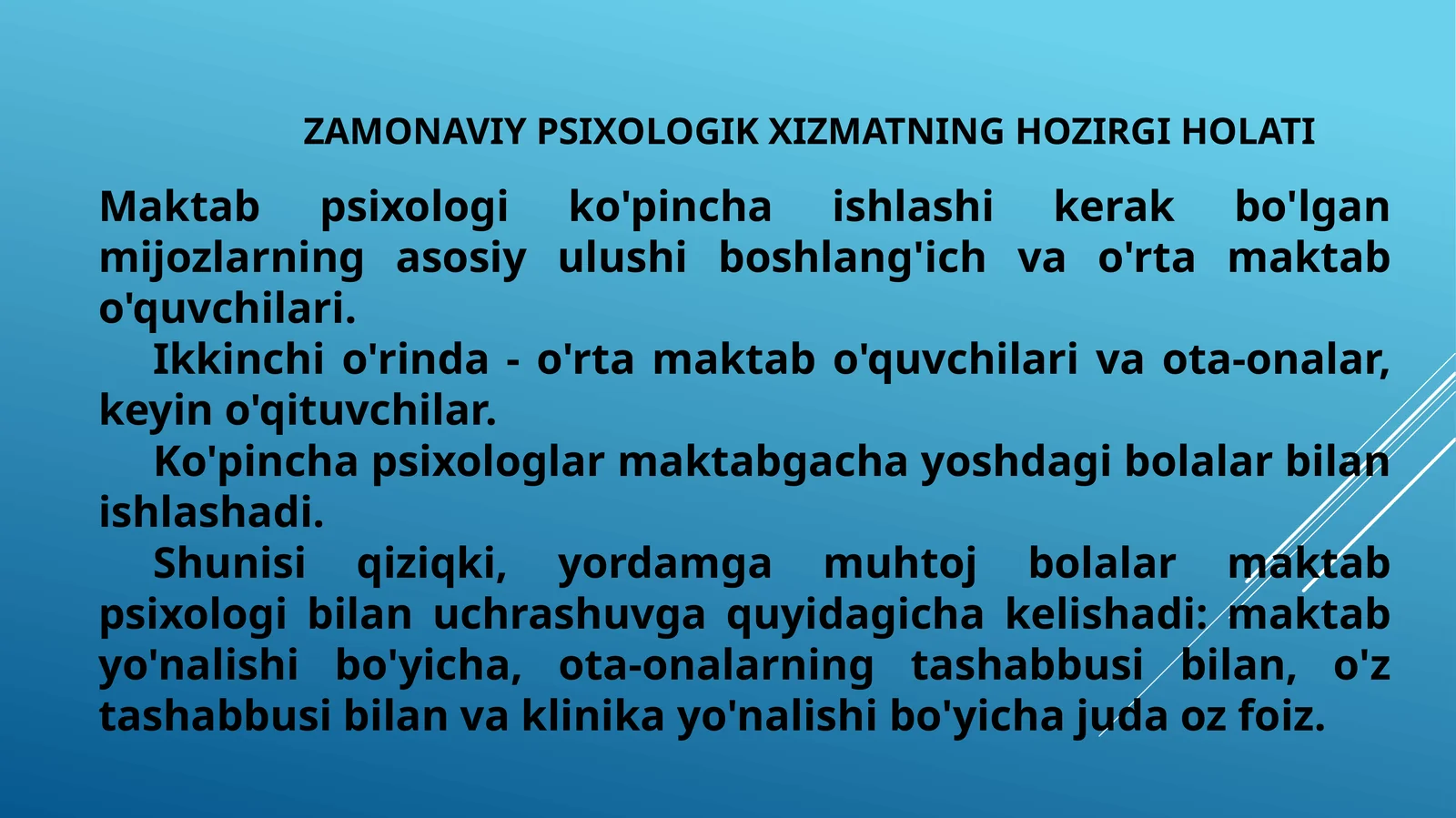 ZAMONAVIY PSIXOLOGIK XIZMATNING HOZIRGI HOLATI