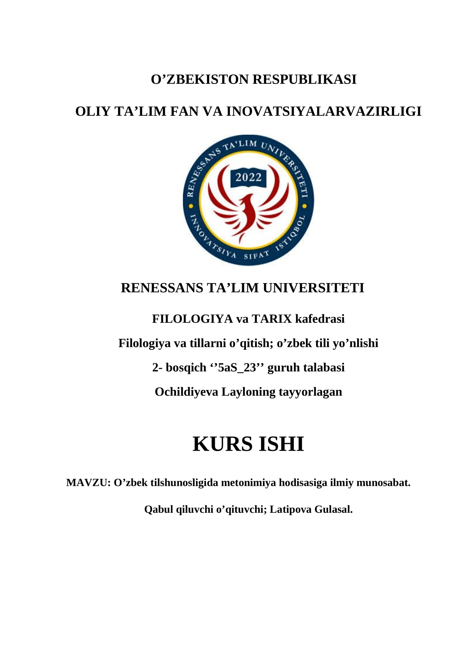 O’ZBEK TILSHUNOSLIGIDA METONIMIYA HODISASIGA ILMIY MUNOSABAT