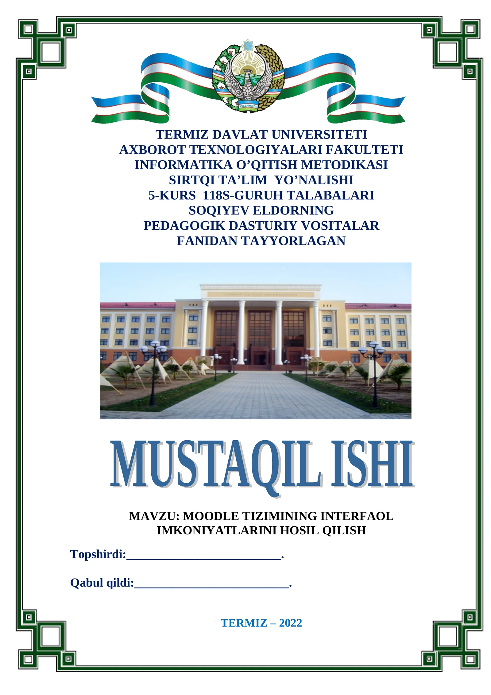 MOODLE TIZIMINING INTERFAOL IMKONIYATLARINI HOSIL QILISH