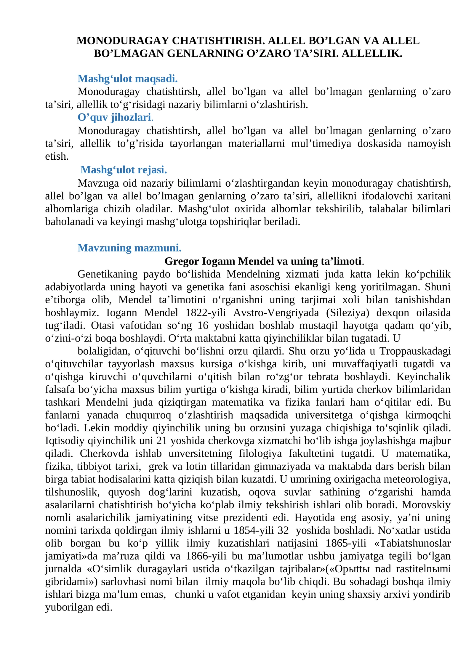O'ZARO TA'SIRI. ALLELLIK