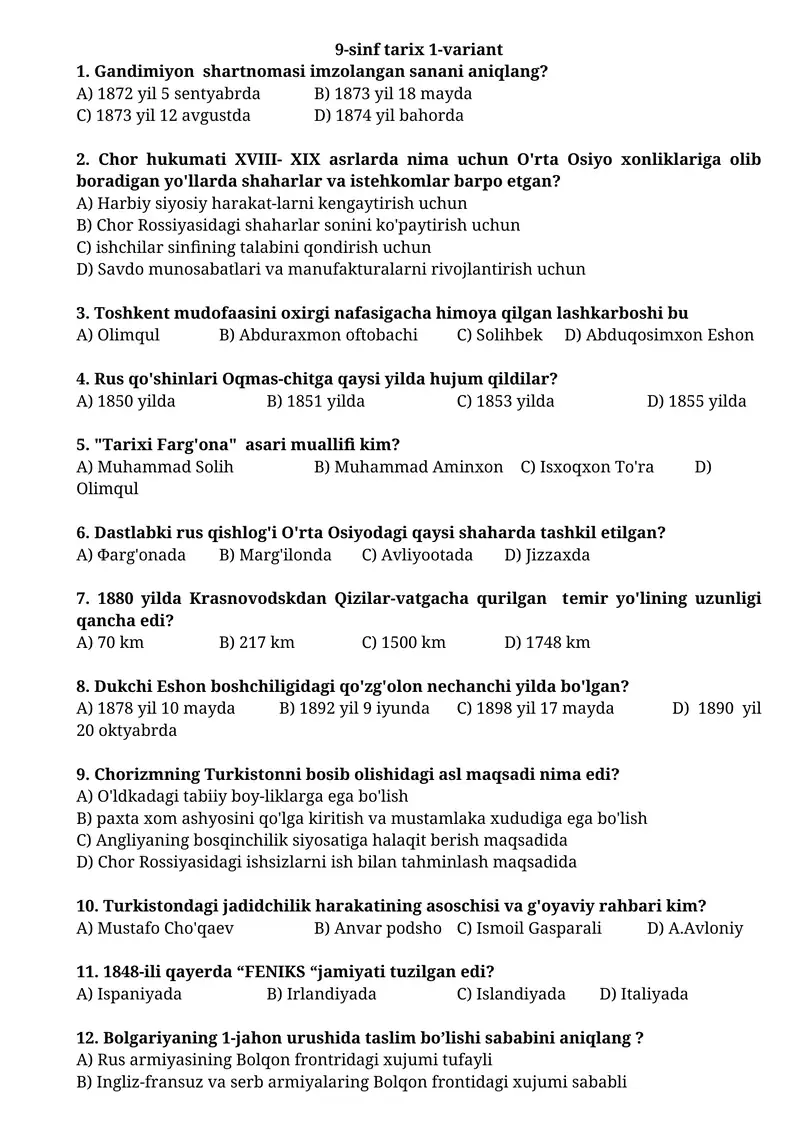 9-sinf tarix 1-variant