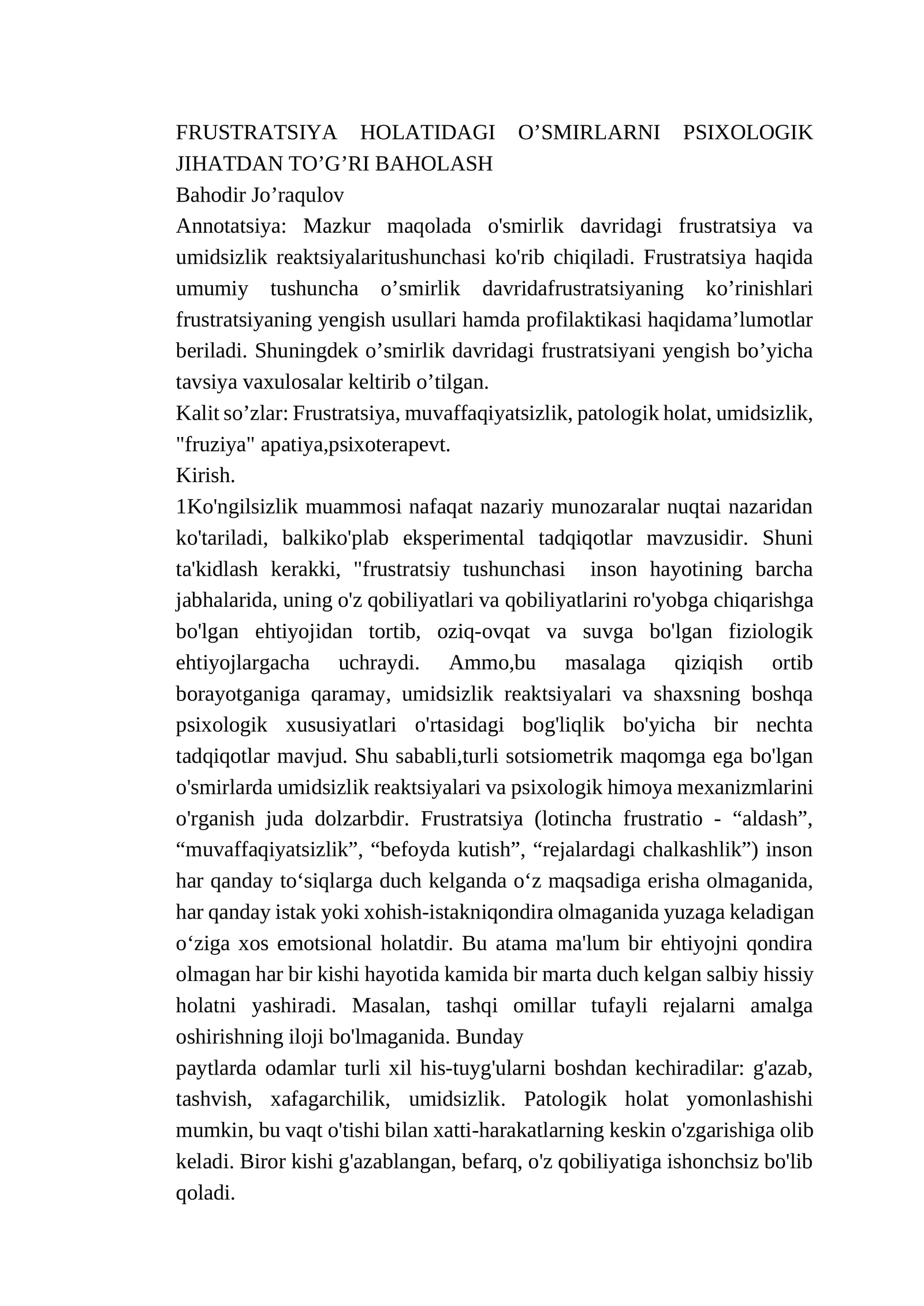 FRUSTRATSIYA HOLATIDAGI O’SMIRLARNI PSIXOLOGIK JIHATDAN TO’G’RI BAHOLASH